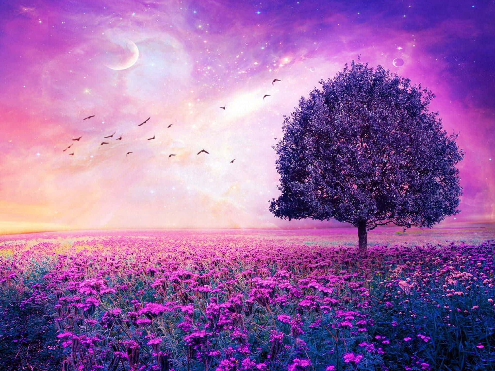 適合為您的書桌增添寧靜焦點的精緻紫色花卉背景 壁紙 — 一棵孤獨的樹矗立在紫色花田中，上方是夢幻的暮色天空，掛著一彎新月，鳥兒飛翔。