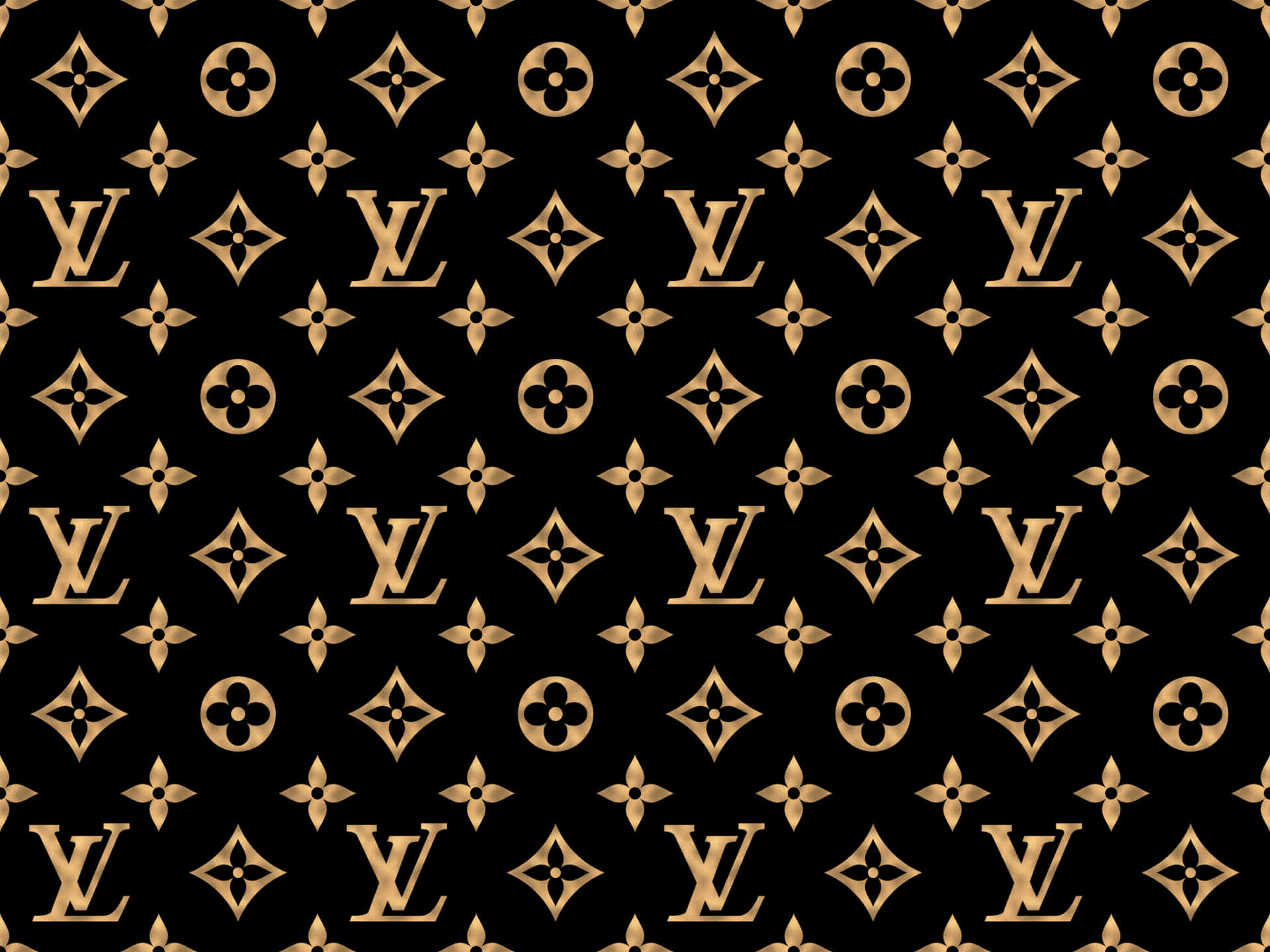 金色 Louis Vuitton 字母組合及花卉圖案在黑色背景上。