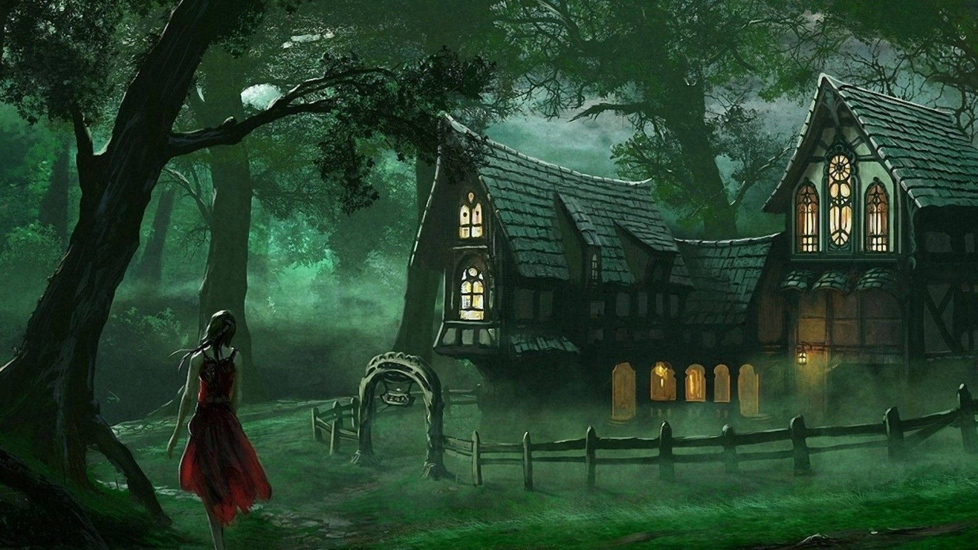 一個穿著紅色連衣裙的女人在夜晚的霧氣森林中走向一座發光的哥德式房屋。