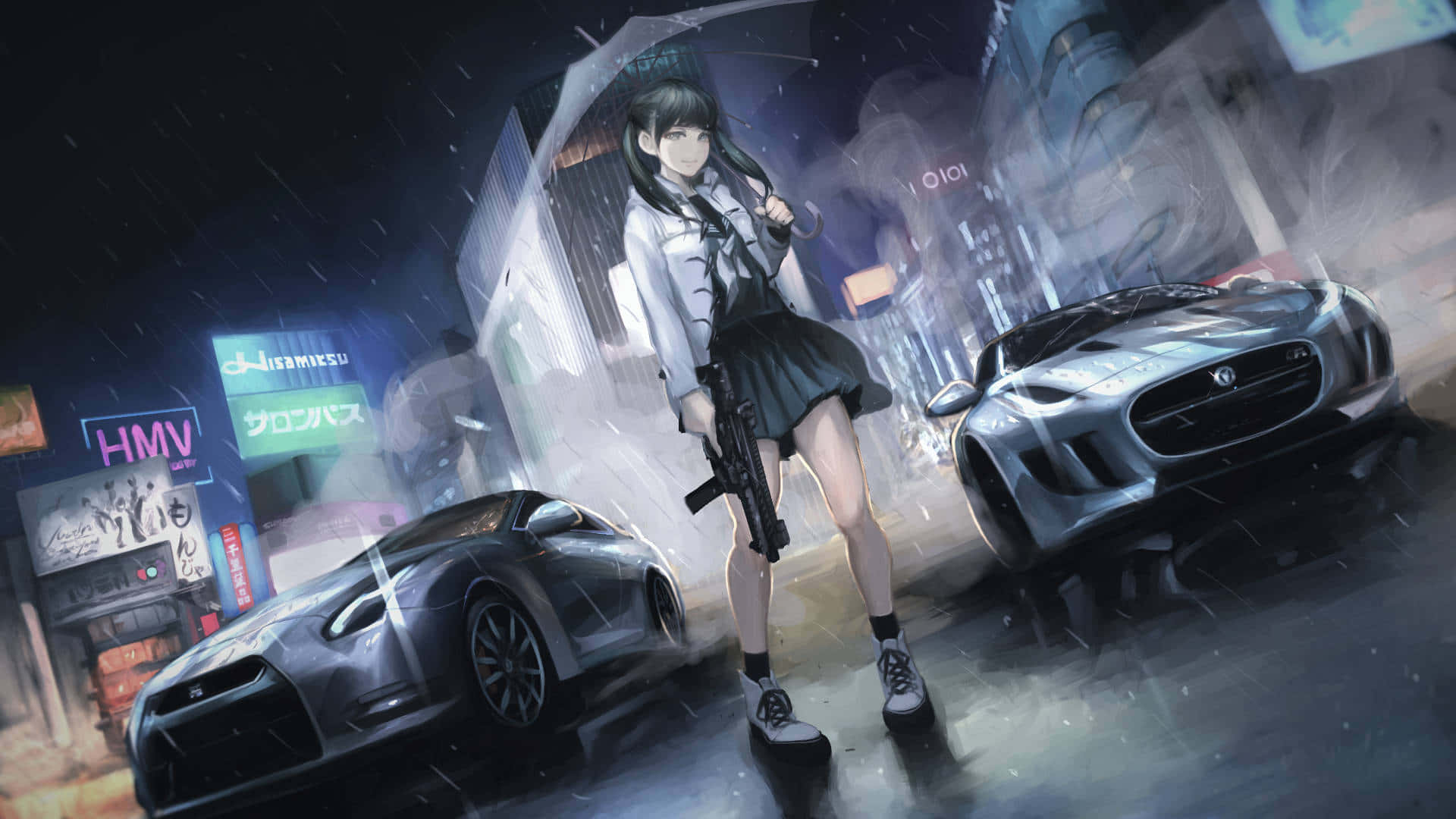 適合車迷的精彩動漫跑車 壁紙 — 一個穿著校服的年輕動漫女孩在雨濕的霓虹燈城市街道上，兩旁是豪華跑車，她拿著雨傘和步槍。