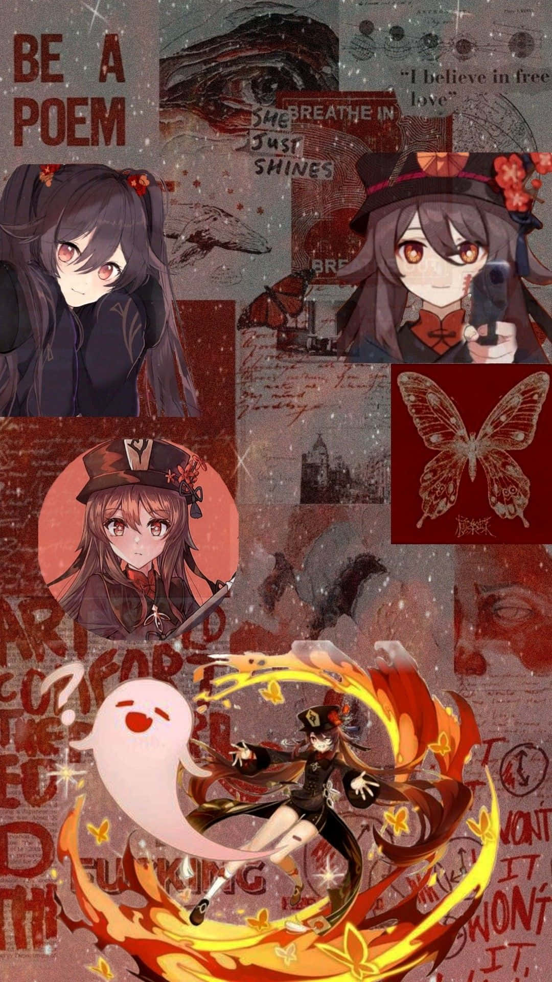 「適應並超越」 壁紙 — 一幅充滿活力的動漫拼貼畫，描繪了一位火紅頭髮的女孩在行動中，幽靈般的人物、蝴蝶和詩意的文字，背景是帶有紋理的紅色和黑色。