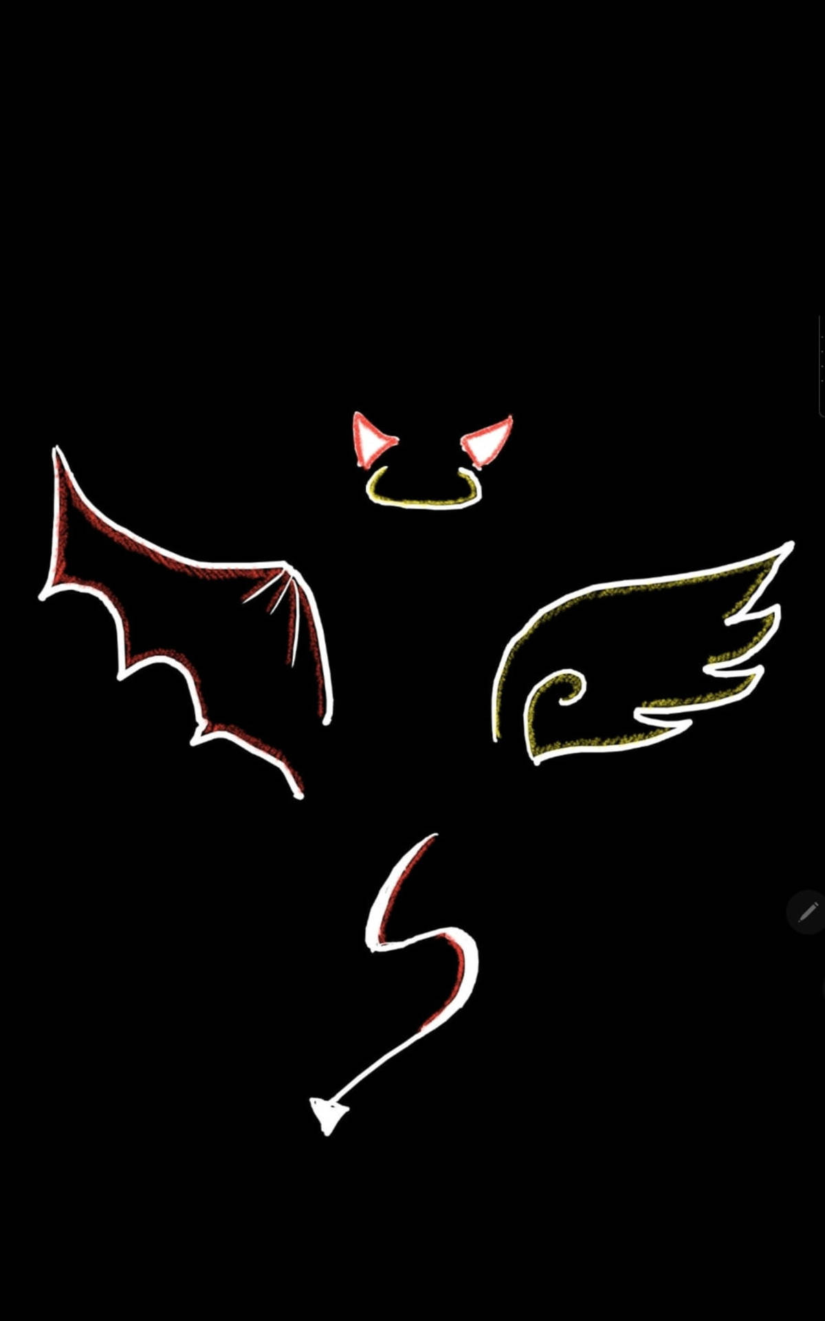 黑色背景上魔鬼角、蝙蝠翼、天使翼和箭頭的象徵性插圖。