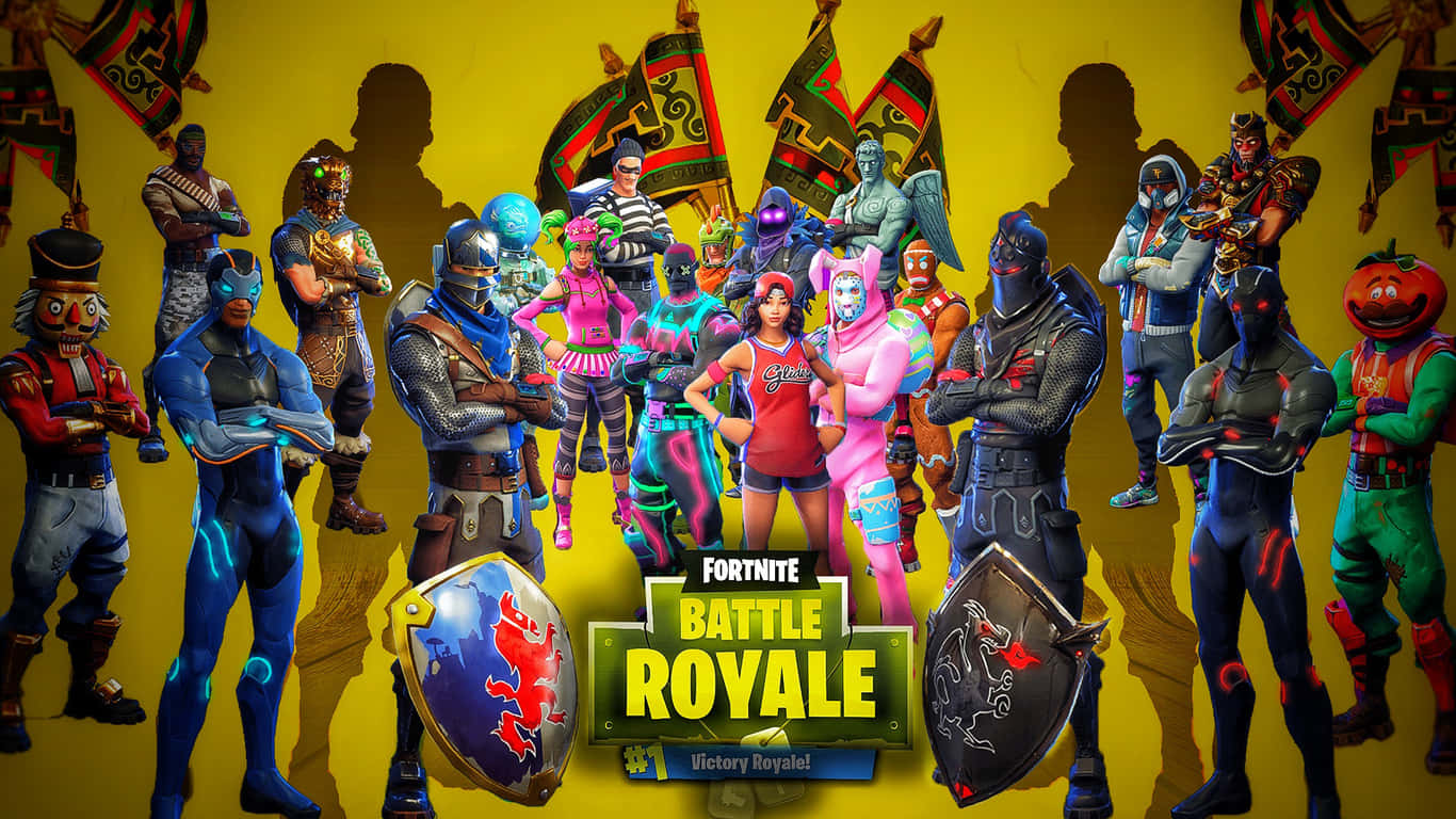 《Fortnite Battle Royale》角色穿著色彩繽紛的服裝，手持盾牌和旗幟擺姿勢。