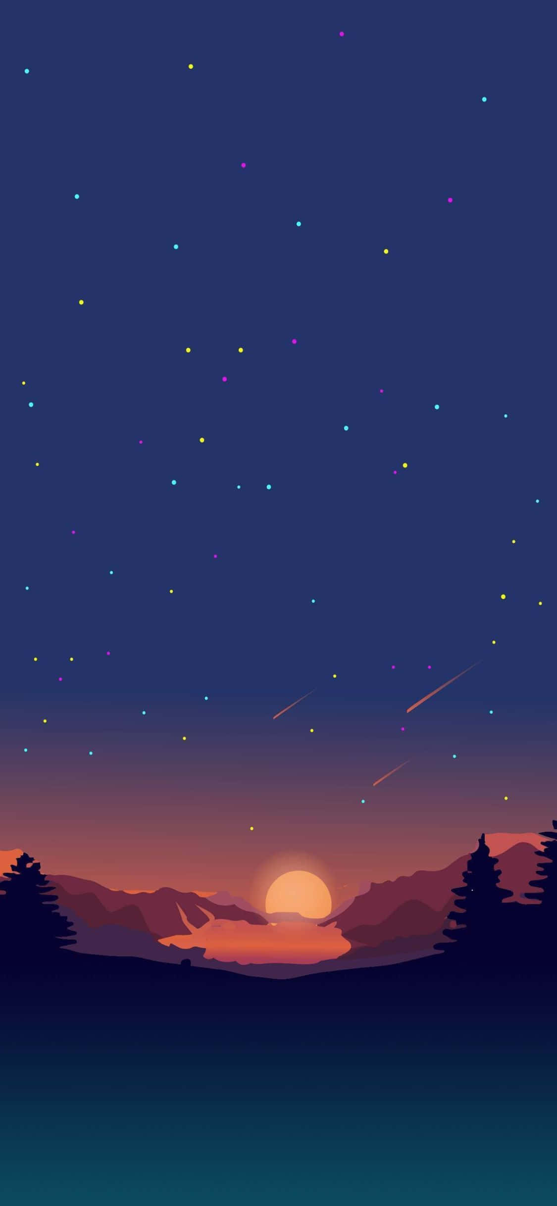 適用於 iPhone XS 的極簡風格 壁紙 — 寧靜的暮色景觀，在星空下呈現出山脈和樹木的剪影，伴隨著色彩繽紛的流星。