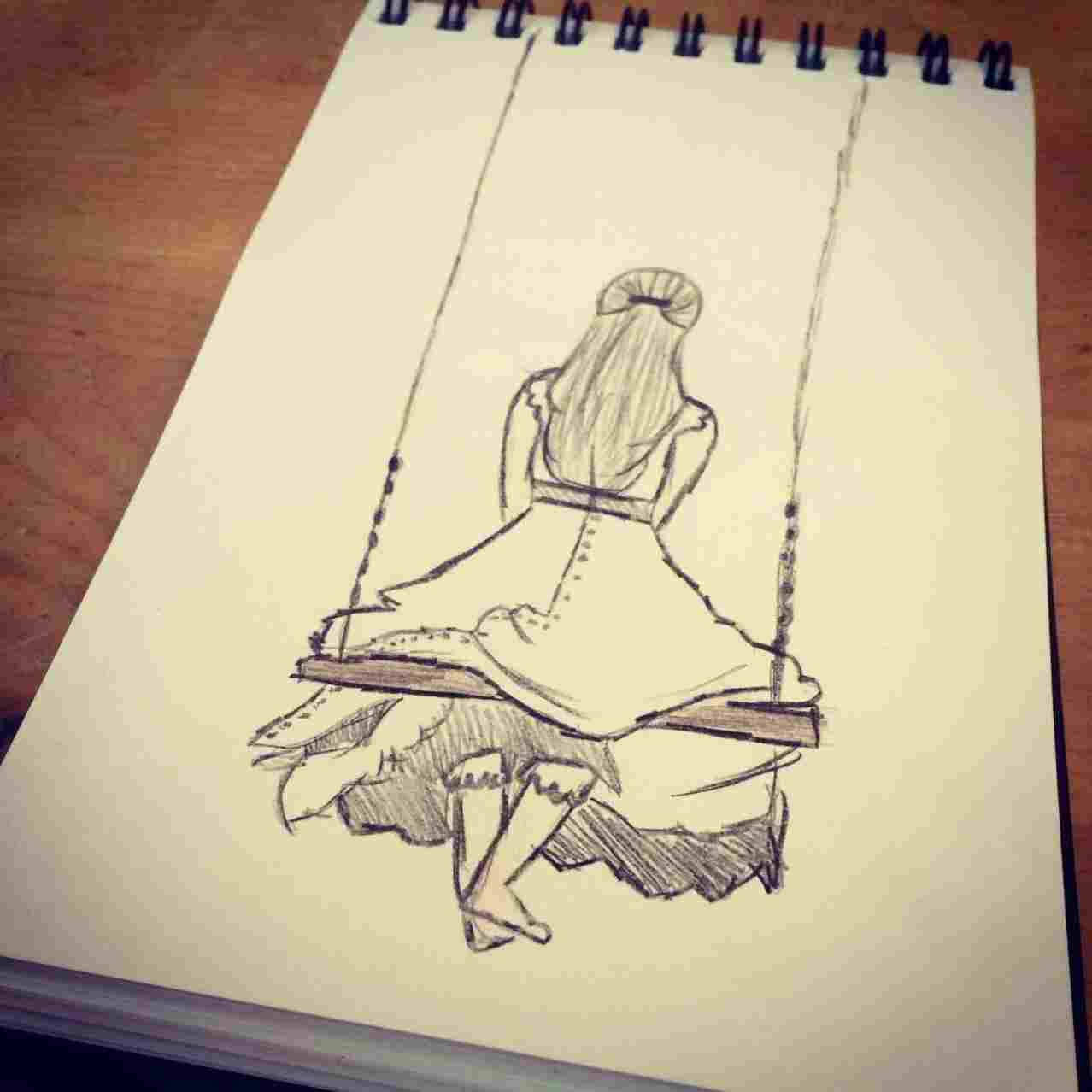 一個穿連衣裙的女孩坐在筆記本鉛筆素描中的鞦韆上。
