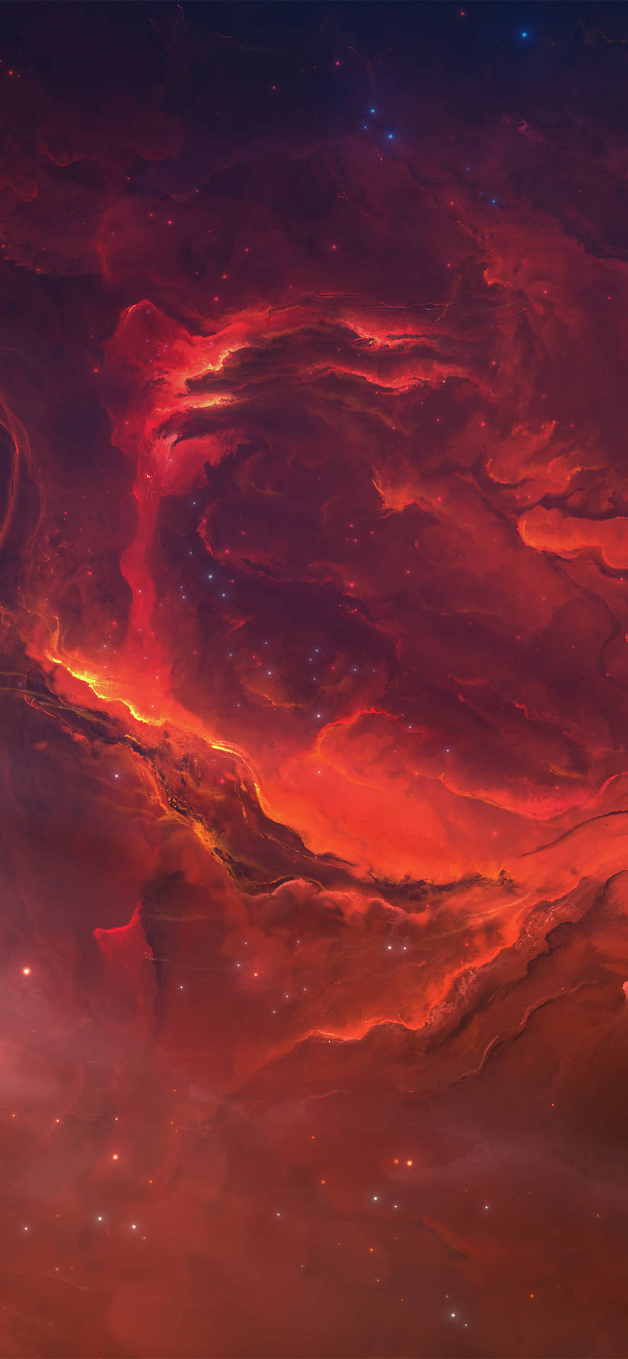 一個火紅的星雲，在深空中帶有發光的雲和遙遠的星星。