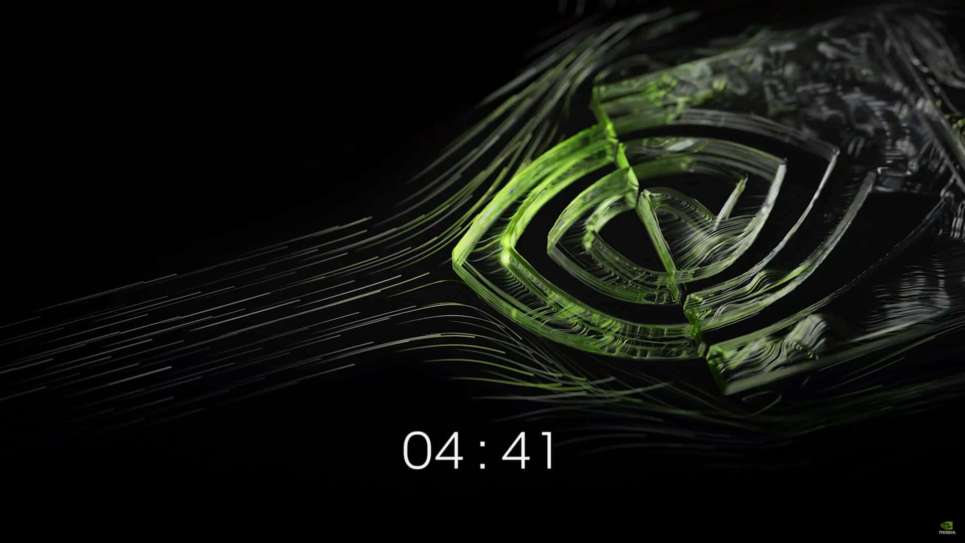 發光的綠色NVIDIA標誌，帶有數位條紋和時間顯示，黑色背景