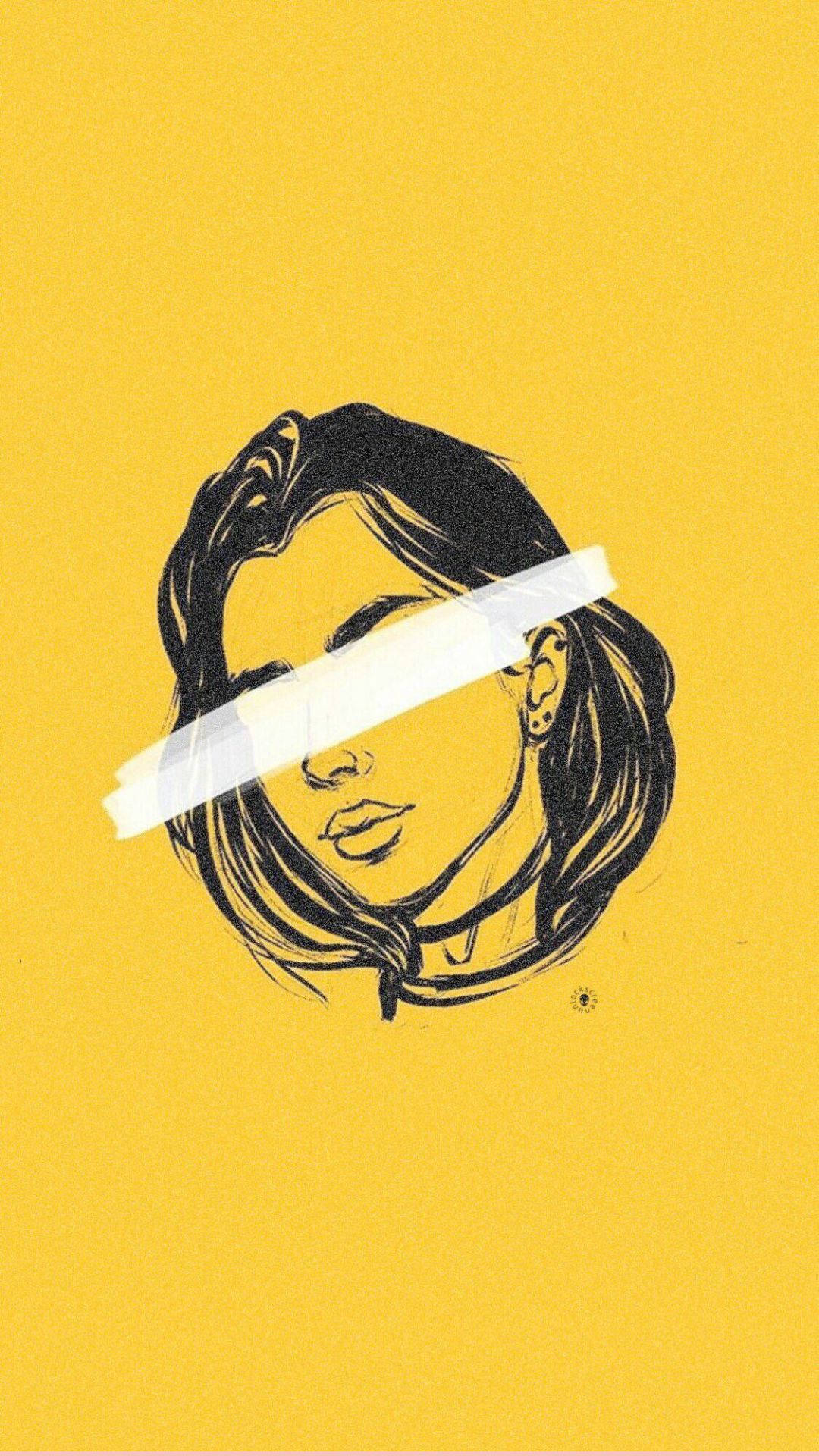 遮眼女孩美學頭像 壁紙 — 一個風格化的黑色墨水插圖，描繪一個女人的臉，眼睛上貼著白色膠帶，背景為純黃色。