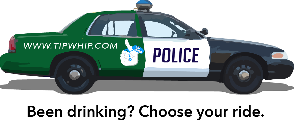 選擇代駕反酒駕宣傳圖 壁紙 — 一輛卡通警車，分為綠色和黑色，帶有「POLICE」和「WWW.TIPWHIP.COM」文字以及豎起大拇指圖案。