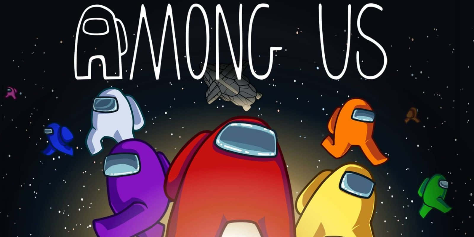 Among Us 遊戲角色在宇宙中漂浮，伴有星星和太空船。
