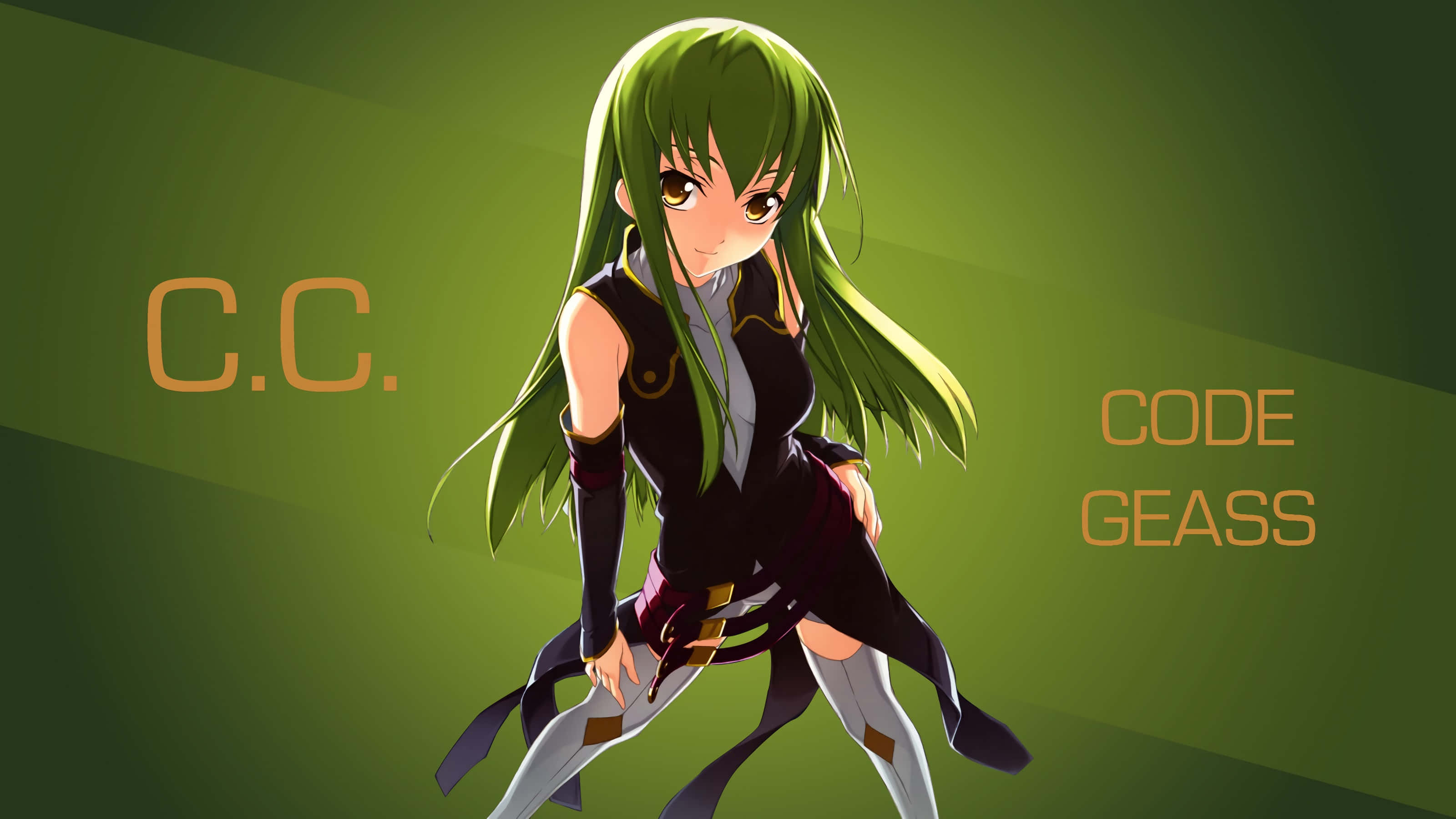 選擇你的命運——戰鬥才剛剛開始 壁紙 — 來自《Code Geass》的動畫角色C.C.以動態姿勢站在漸變綠色背景前。