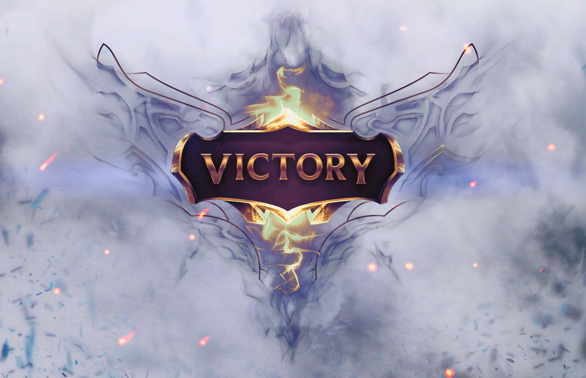 選擇你的英雄，加入最佳《英雄聯盟》 壁紙 — 一個發光的金色「VICTORY」標誌，帶有華麗的翅膀和熾熱的火花，從旋轉的迷霧雲層中浮現。