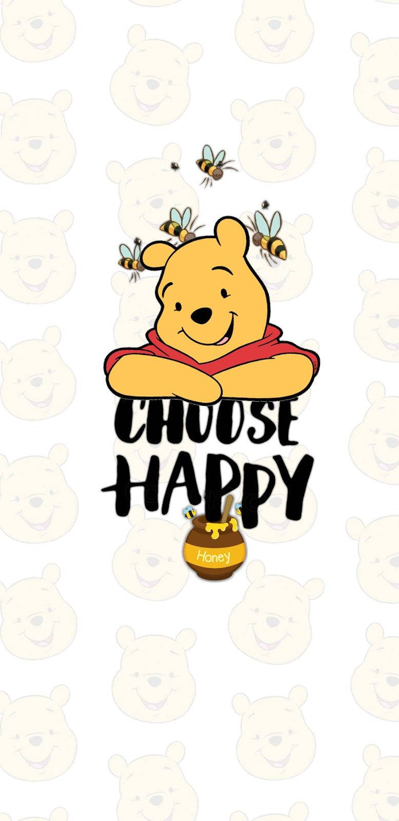 選擇快樂小熊維尼語錄 壁紙 — 小熊維尼微笑，蜜蜂在他周圍飛舞，上方有粗體文字寫著 choose happy，下方有一個蜂蜜罐。