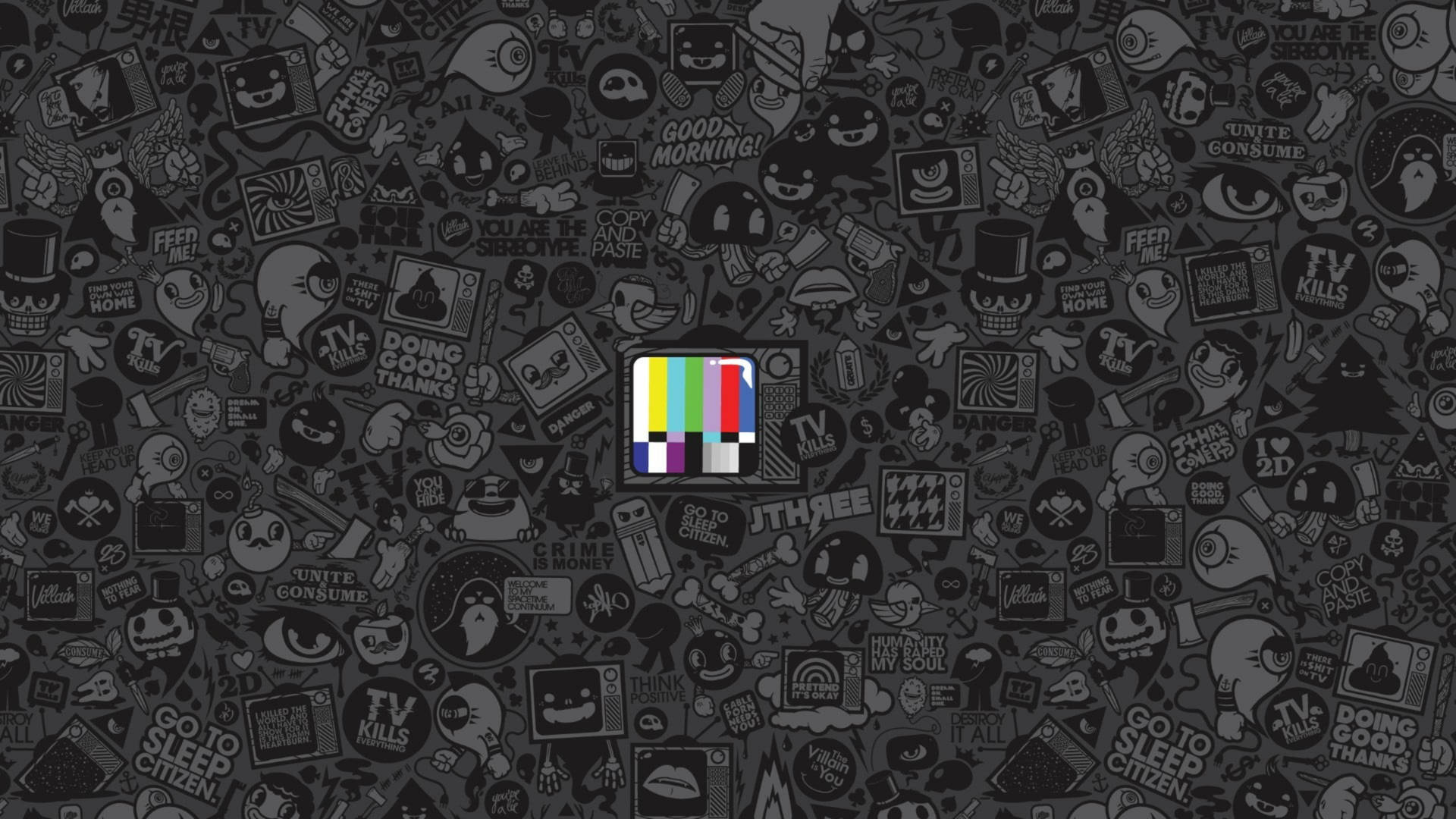 Wallpaper 以黑色背景上的電視測試圖案為中心，周圍環繞卡通貼紙。