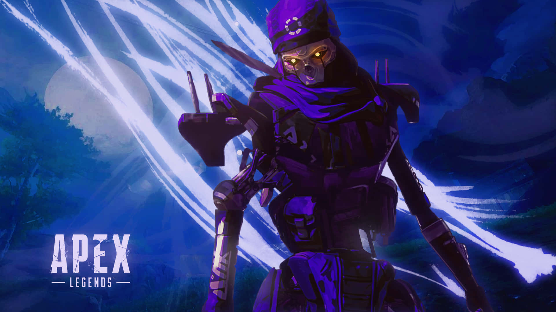 一個紫色骷髏臉的Apex Legends角色在滿月下拿著武器。