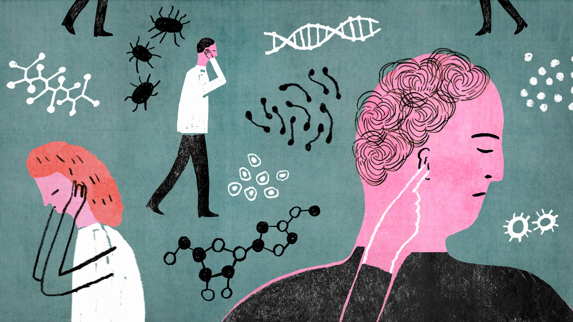 以風格化插圖描繪人們與DNA和分子等科學符號。