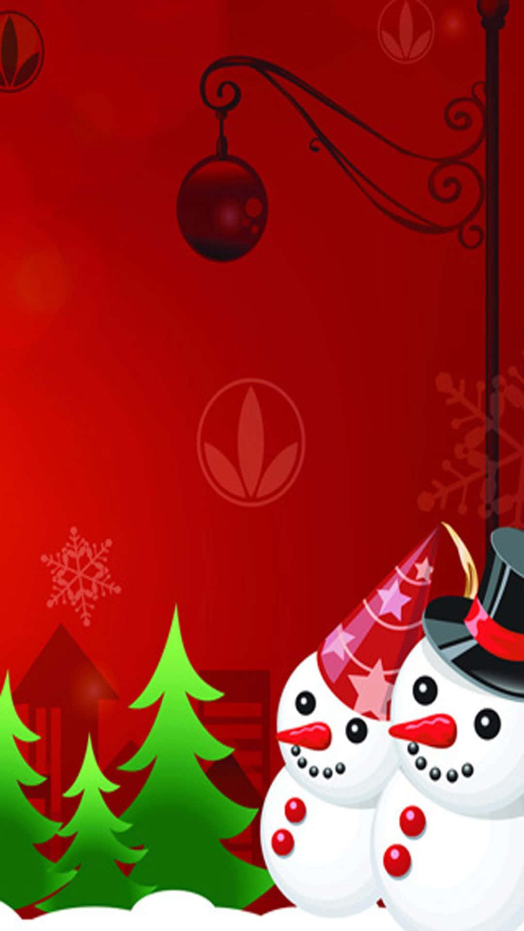 兩個戴著派對帽的雪人站在紅色節日背景的松樹旁。