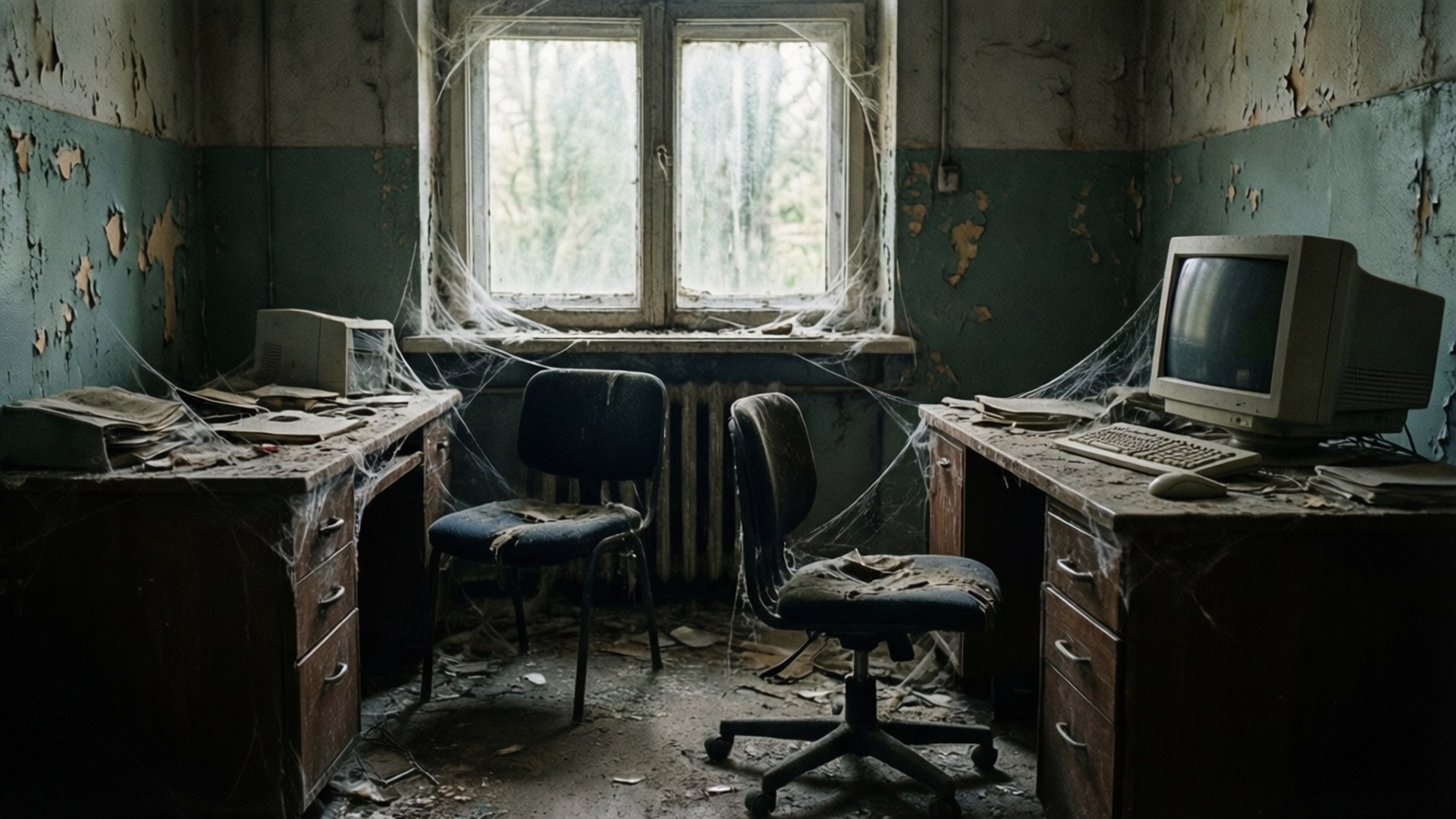 廢棄辦公室，佈滿灰塵的桌子、舊電腦和椅子，在骯髒的窗戶下覆蓋著蜘蛛網