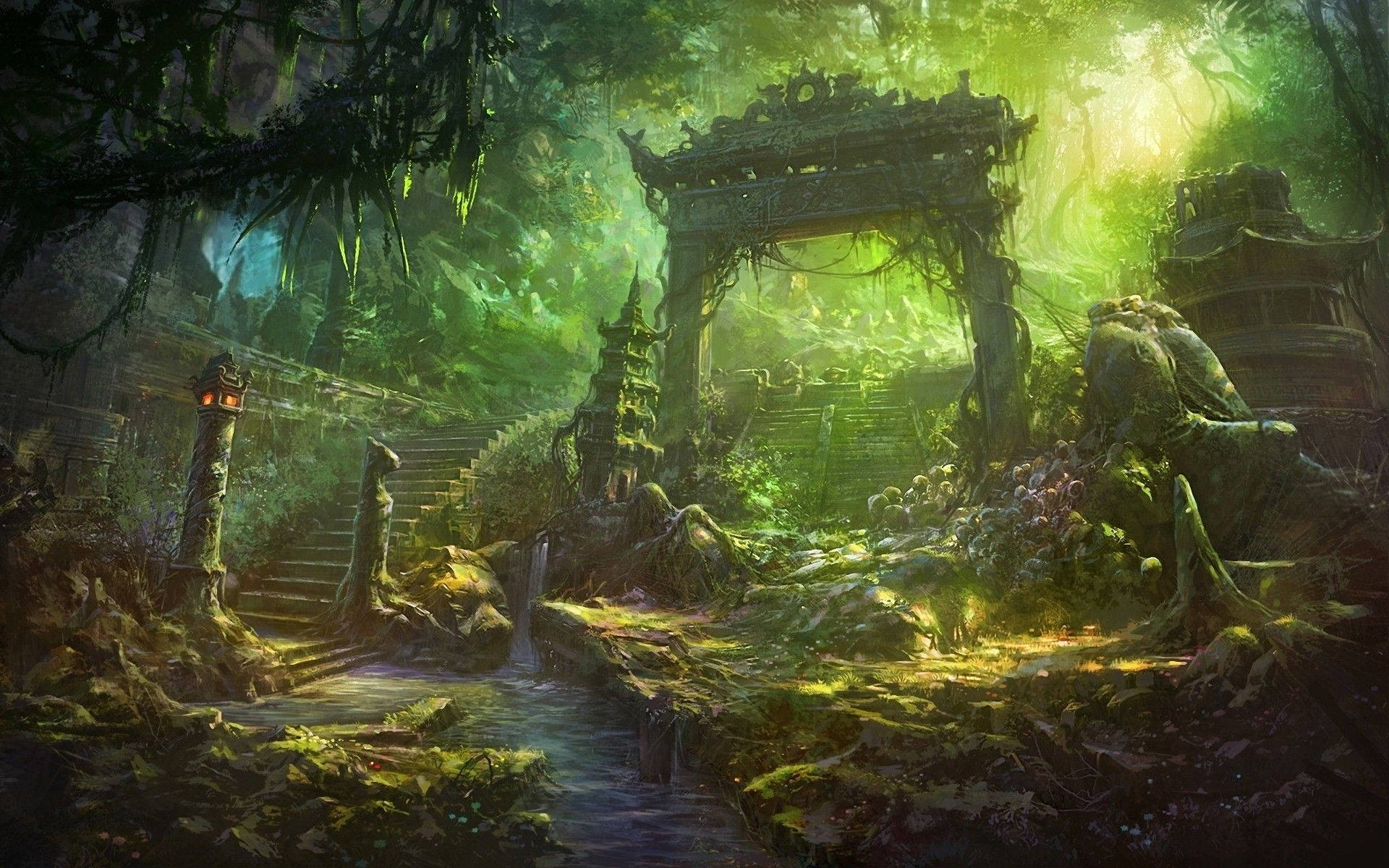 被叢林吞噬的古老寺廟遺跡，苔蘚和陽光透過樹木照射進來。