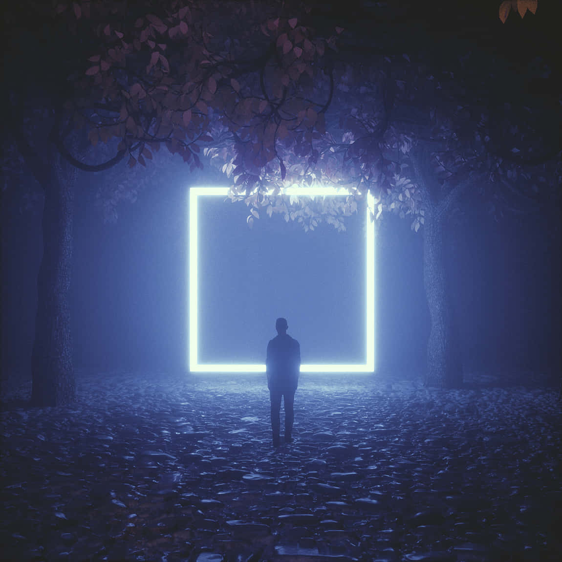 夜晚霧氣瀰漫的秋林中，一個人站在發光藍色方形傳送門前。