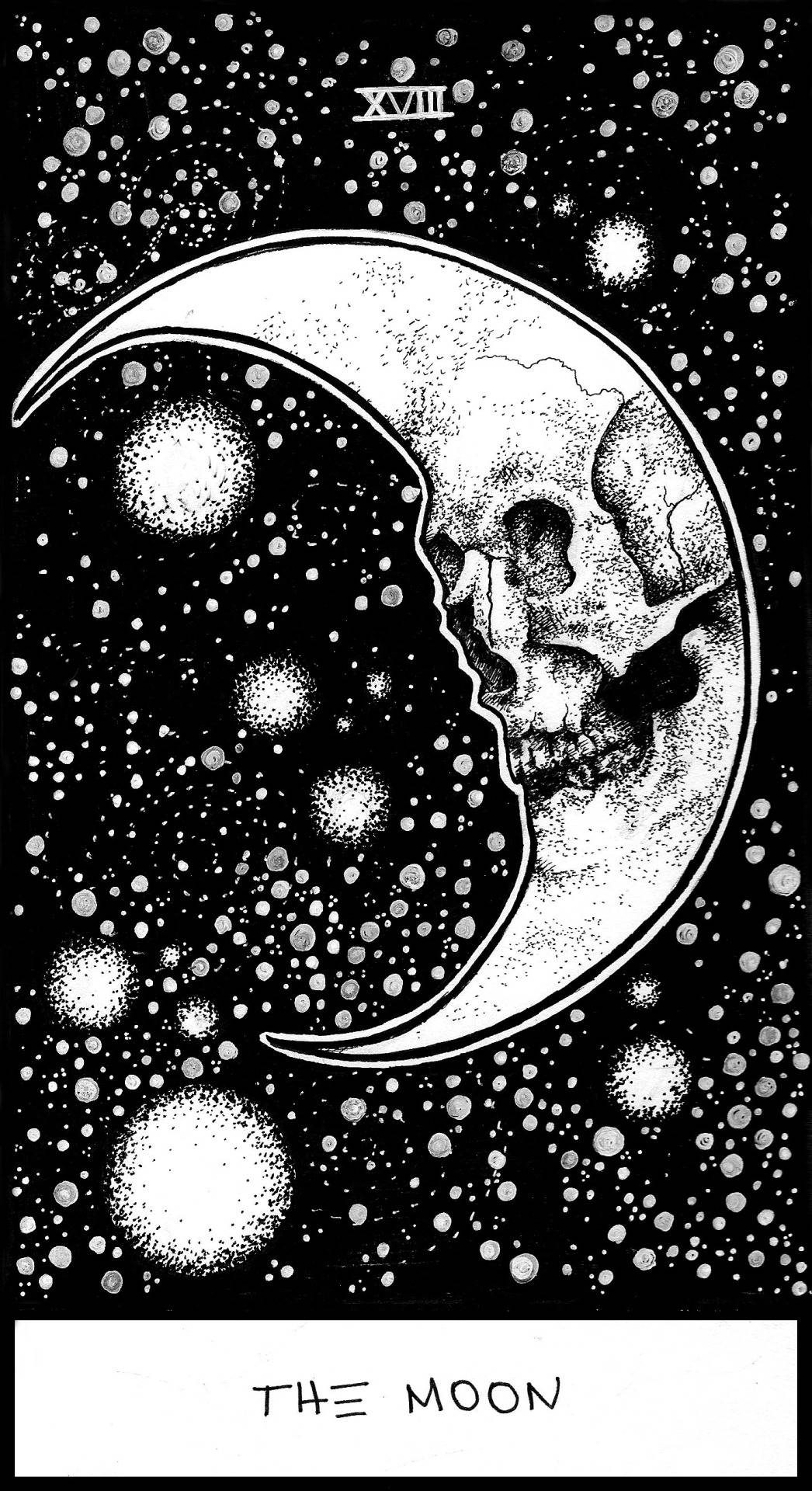 塔羅牌「月亮」顯示一個帶有骷髏臉的彎月，周圍環繞著星星。