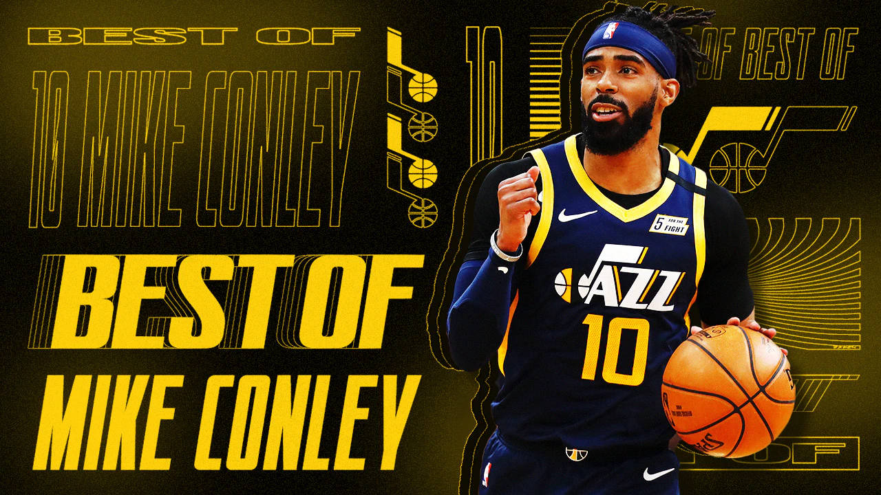 邁克·康利 精選集 壁紙 — 籃球運動員 Mike Conley 身穿爵士隊球衣，在搶眼的黃色和黑色圖形背景前持球。