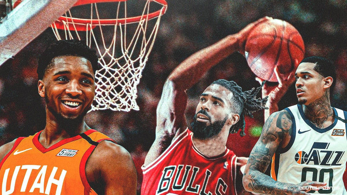 邁克·康利 與其他NBA球星 壁紙 — 三名籃球運動員以動作姿勢，帶着籃框和球，背景是模糊的球場。