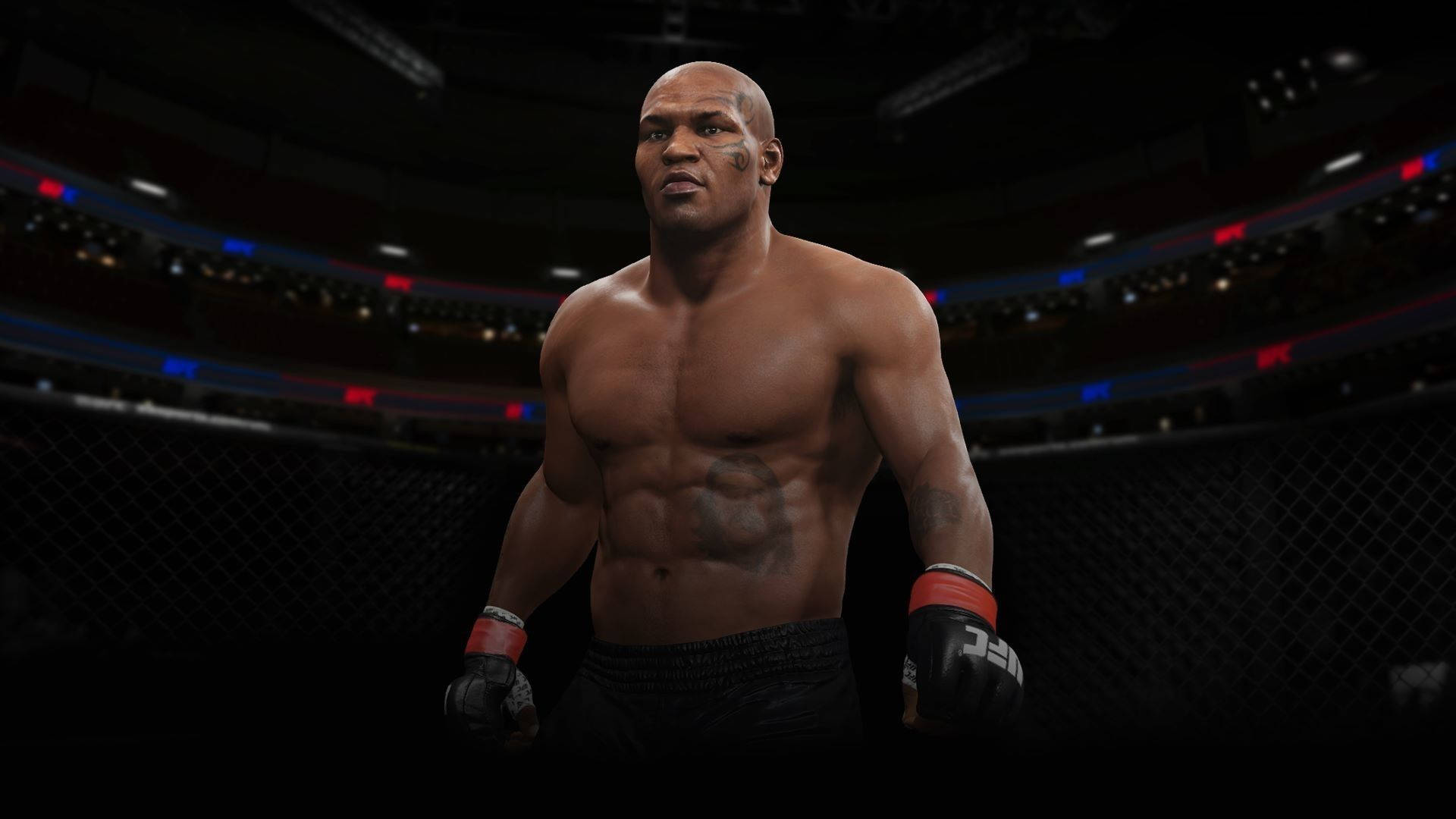 邁克·泰森 EA Sports 遊戲形象 壁紙 — 一位肌肉發達的戰士站在燈光昏暗的八角籠中，上方有發光的燈光，背景是黑暗的人群。