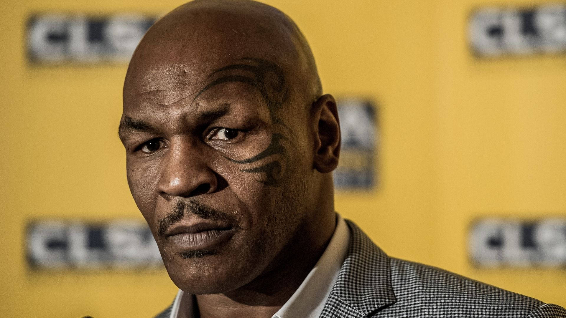 邁克·泰森臉部紋身特寫 壁紙 — Mike Tyson 喺黃色品牌背景前，用佢標誌性嘅面部彩繪，專注咁望住鏡頭。