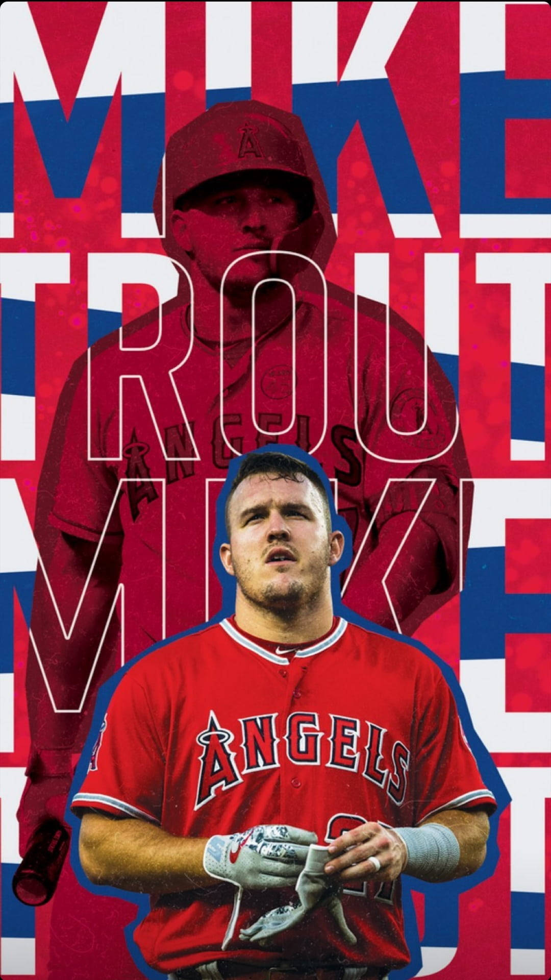 邁克·特勞特 27 號 壁紙 — 身穿紅色天使隊球衣的棒球選手 Mike Trout 站在前方中央，背景為大膽的紅白藍圖形，他的名字以大型輪廓字體疊加。