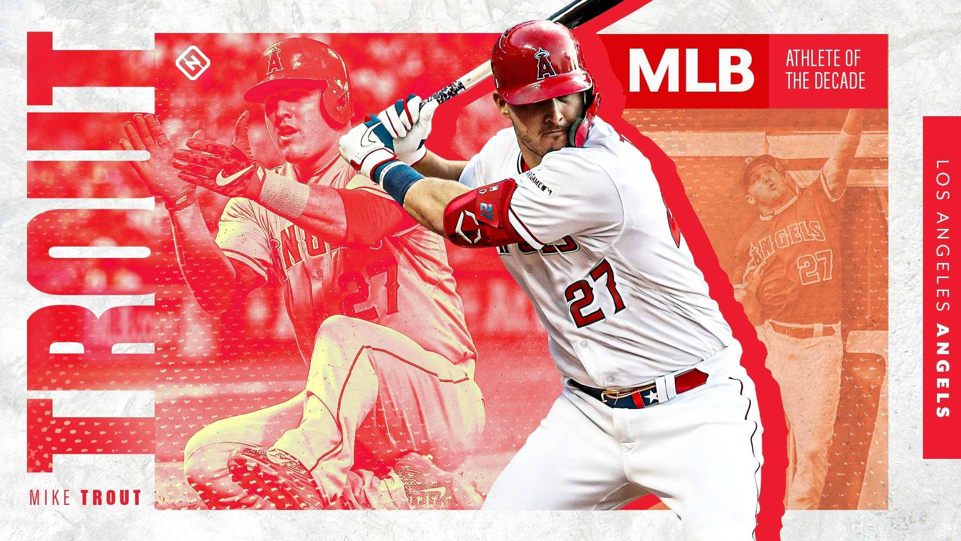 邁克·特勞特 MLB 運動員 壁紙 — 身穿白色天使隊球衣的棒球手 Mike Trout 揮棒中，戴紅色頭盔、持紅色球棒，背景為大膽的紅白圖形設計。