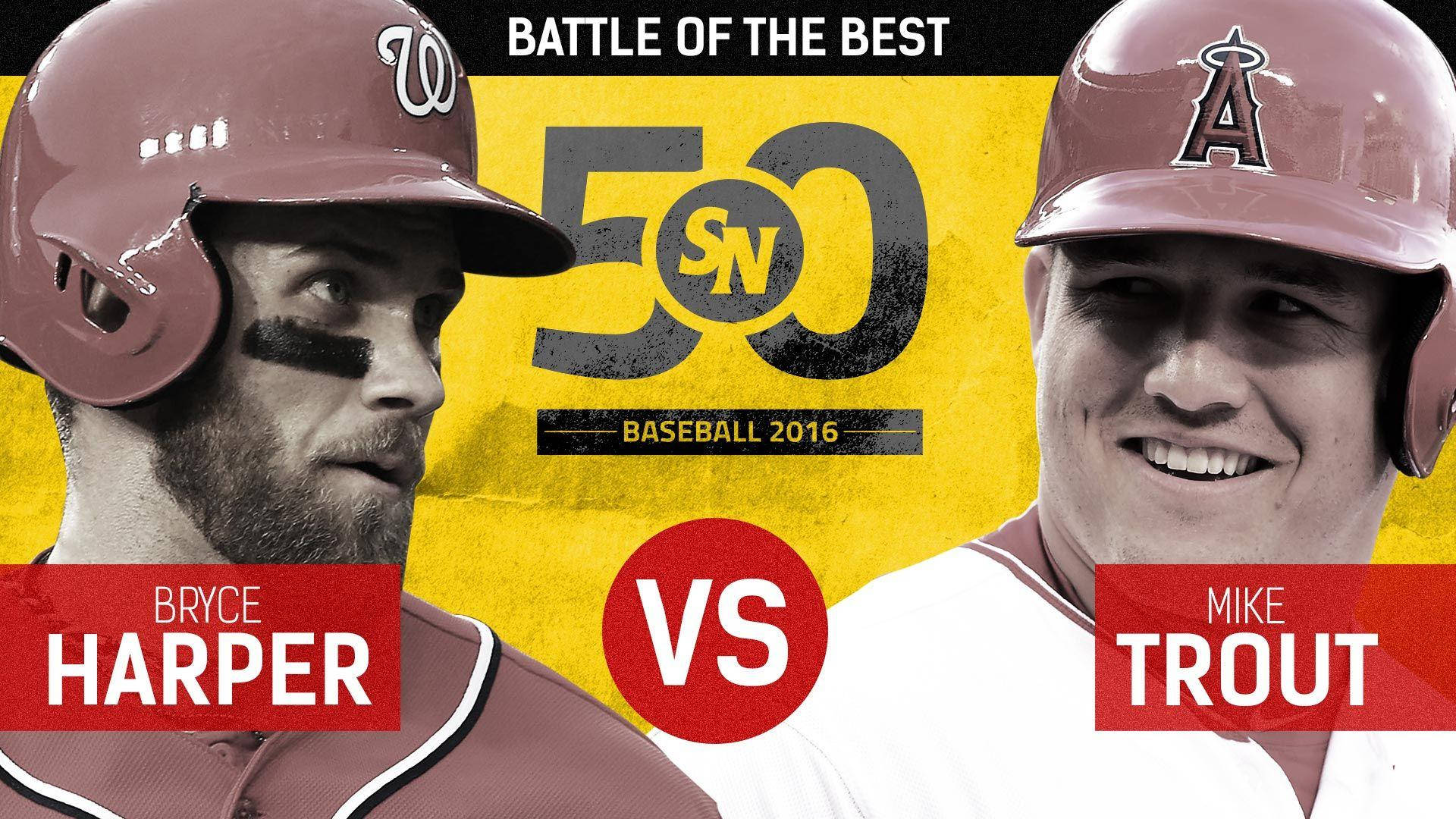 邁克·特勞特：最佳球員之戰 壁紙 — 兩位棒球明星 Bryce Harper 和 Mike Trout 在 2016 年的一張大膽對決海報中正面交鋒，背景為鮮黃色並帶有紅色點綴。