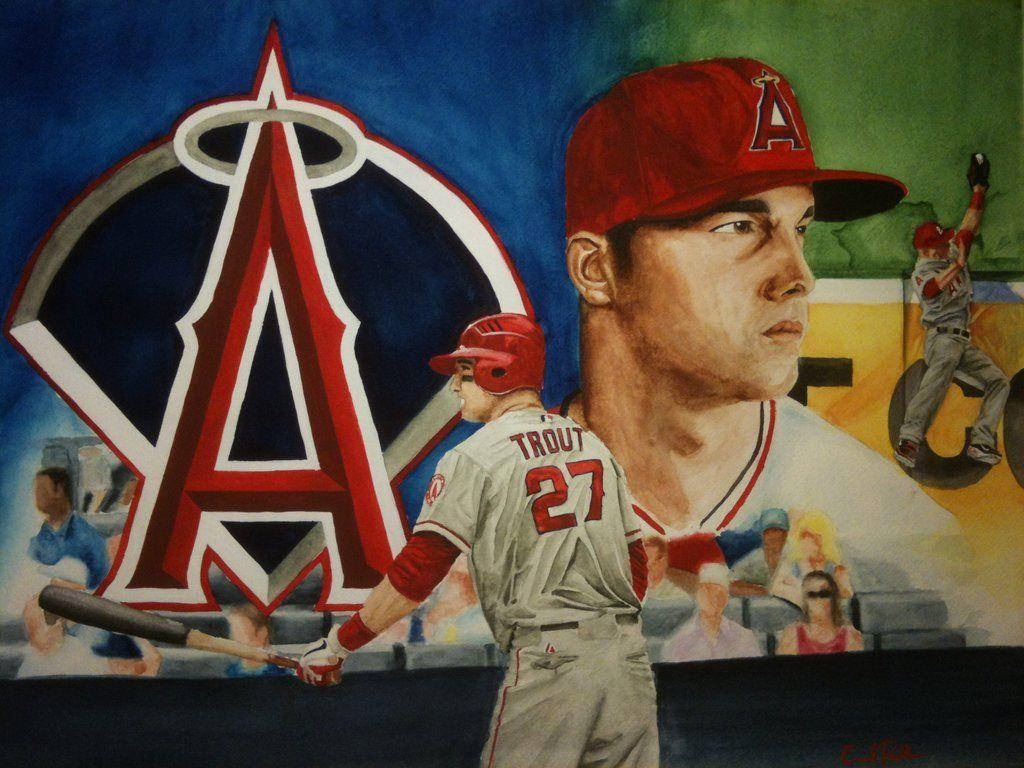 邁克·特勞特粉絲藝術 壁紙 — 一幅描繪棒球運動員 Mike Trout 身穿天使隊球衣、站在打擊區的畫像，背後有大型球隊標誌。