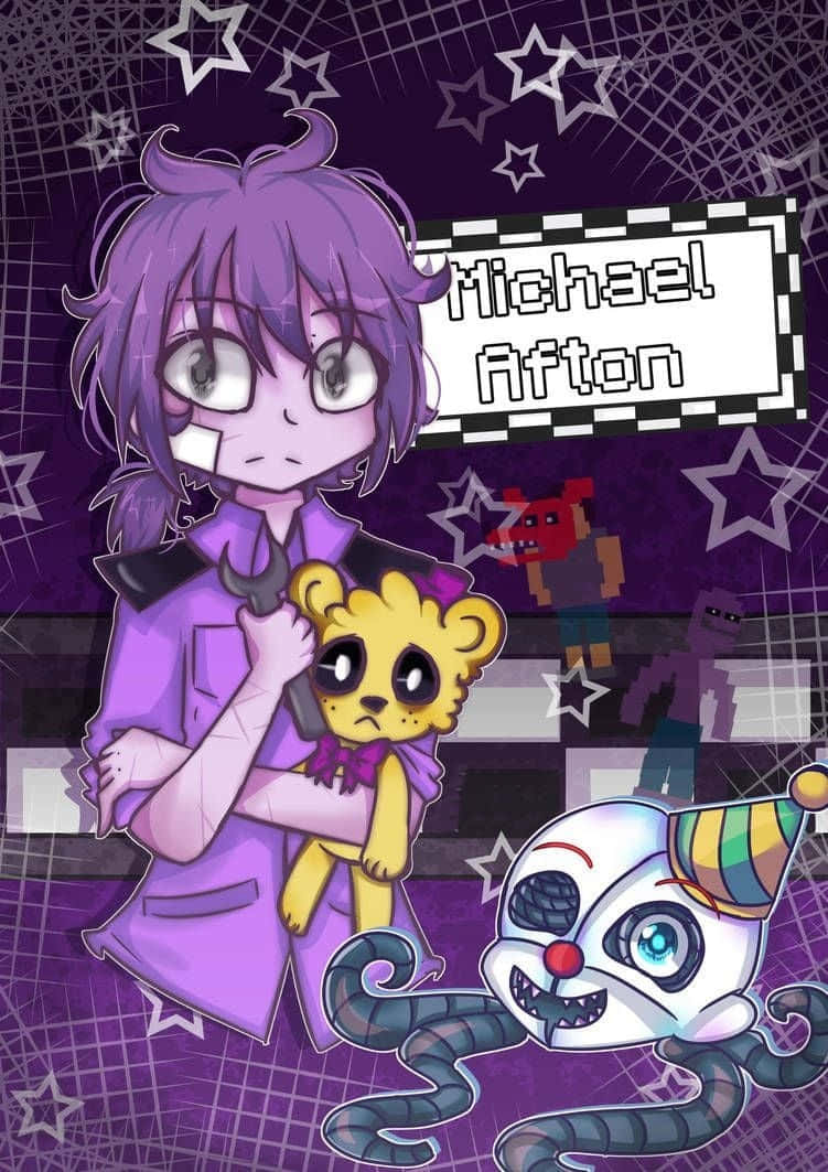 邁克爾·Afton 家族 壁紙 — 一個紫色頭髮的動漫角色抱著一隻悲傷的黃色泰迪熊，背景是帶有星星的紫色網格和像素化怪物。