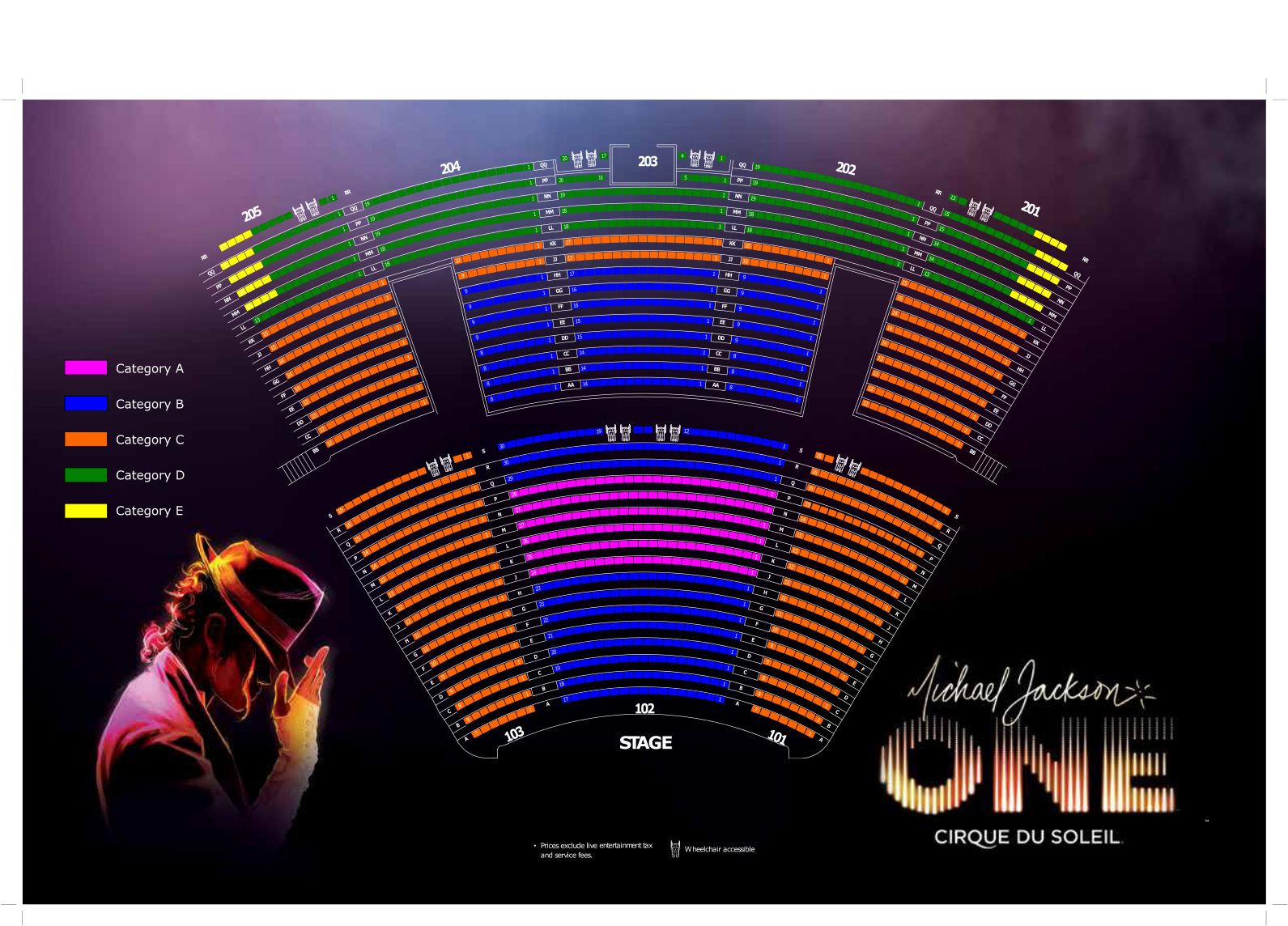邁克爾·傑克森 ONE 電子劇院座位圖 壁紙 — 太陽馬戲團 Michael Jackson ONE 的鮮豔座位表，設有顏色編碼區域和風格化的表演者剪影。