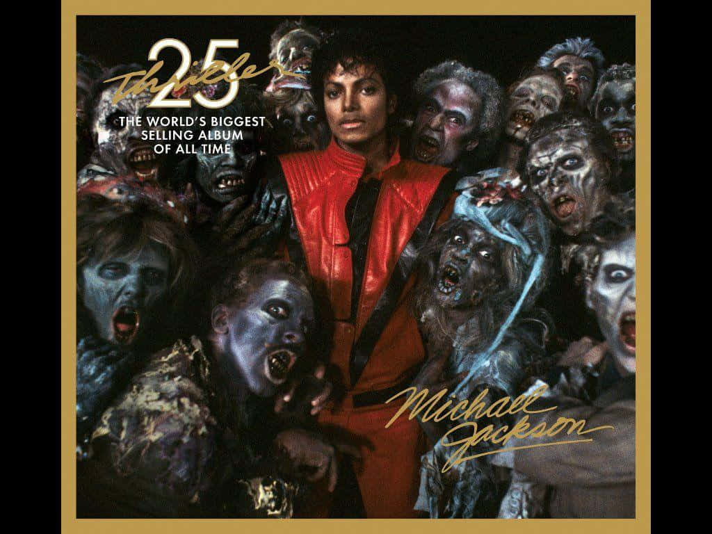 米高積遜身穿紅色外套，在《Thriller》專輯封面中被喪屍包圍。