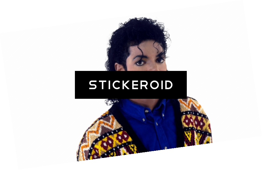 邁克爾·傑克森經典造型 壁紙 — Michael Jackson 穿著彩色圖案毛衣和藍色襯衫，黑色背景上有「STICKEROID」文字。