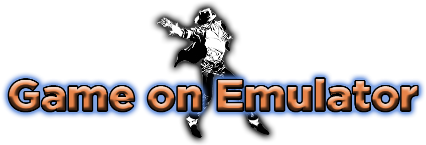邁克爾·傑克森遊戲模擬器標誌 壁紙 — 大膽復古風格標誌，帶有「Game on Emulator」文字和黑白風格化跳舞人物。