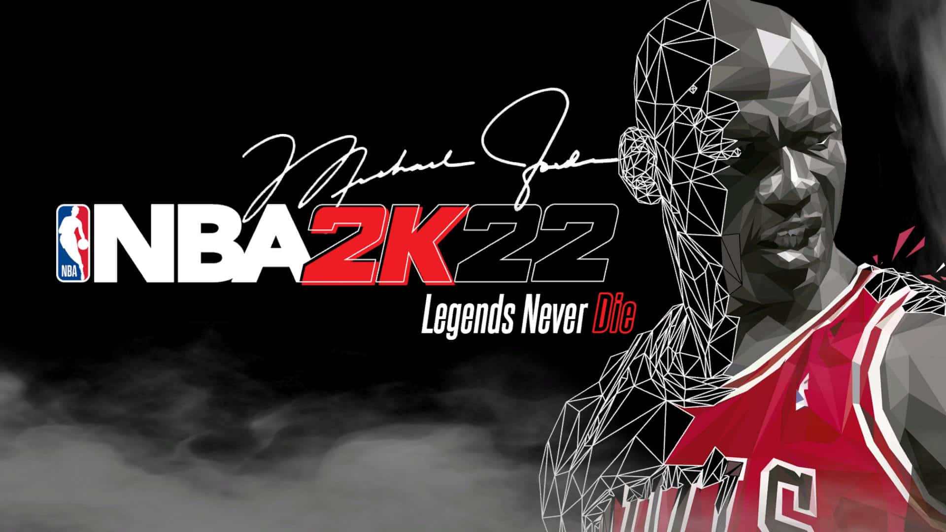 米高佐敦身穿紅色公牛隊球衣，帶有幾何設計和NBA 2K22標誌。