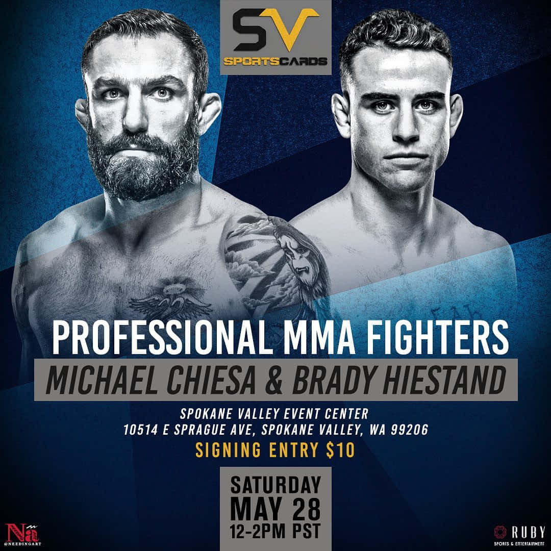 兩位男性MMA拳手Michael Chiesa和Brady Hiestand在簽名活動中。