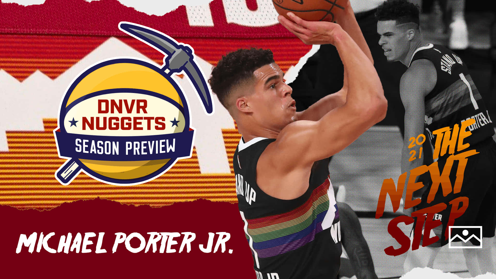 Michael Porter Jr. 在半空中準備投籃，帶有丹佛金塊品牌標誌。