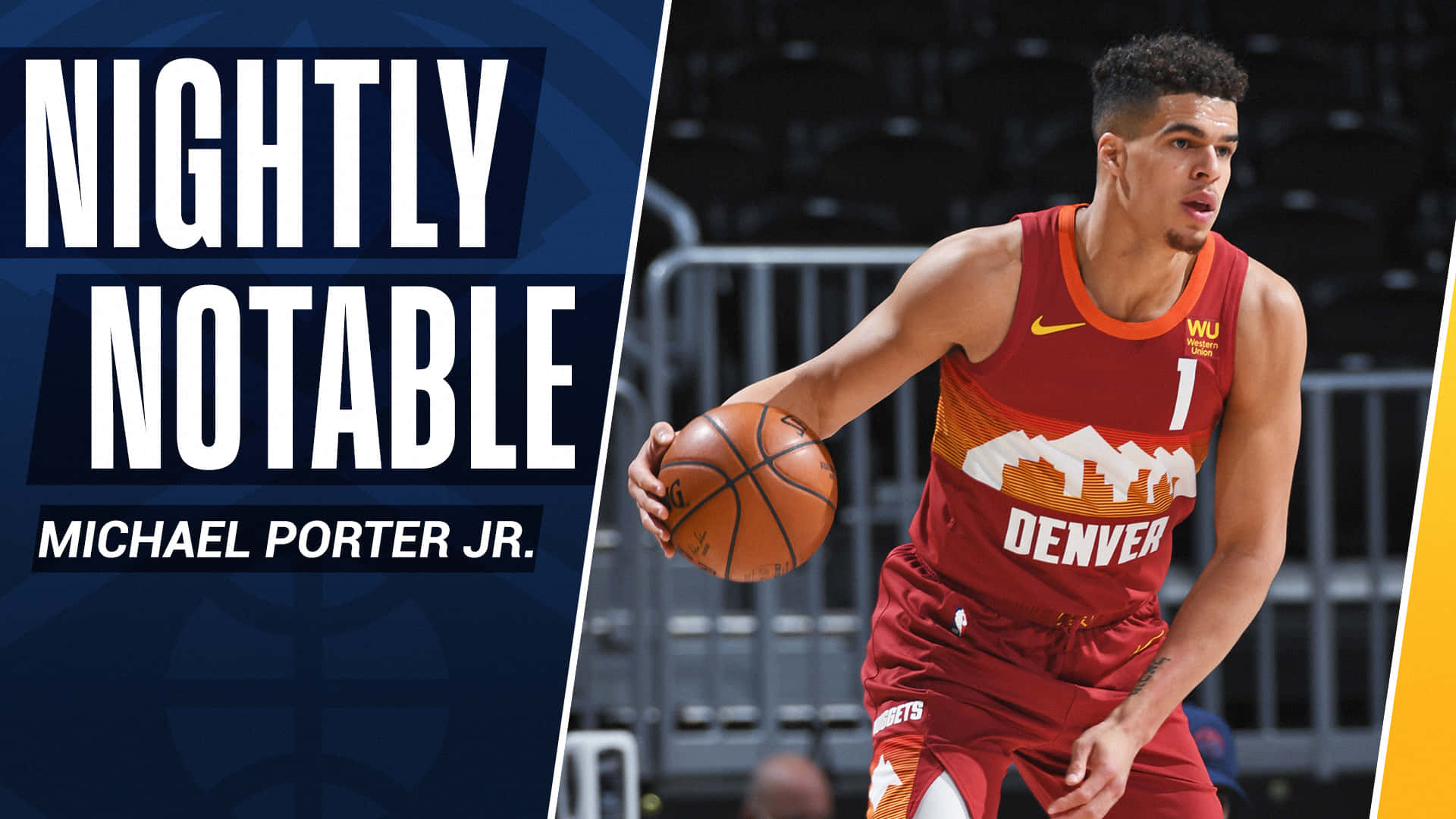 Michael Porter Jr. 身穿丹佛金塊球衣在夜間比賽中運球。