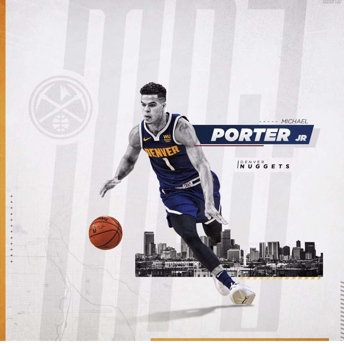 Michael Porter Jr.身穿丹佛金塊隊球衣，在城市天際線背景下運球。