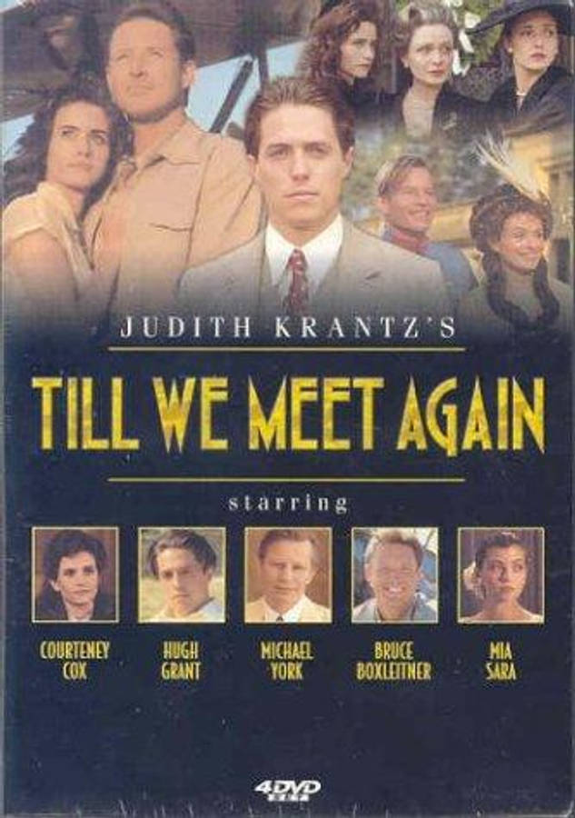 邁克爾·約克《再會》（1989）迷你影集封面 壁紙 — 電影《Till We Meet Again》海報，演員穿著正式和休閒服裝，背景深色，金色標題文字。