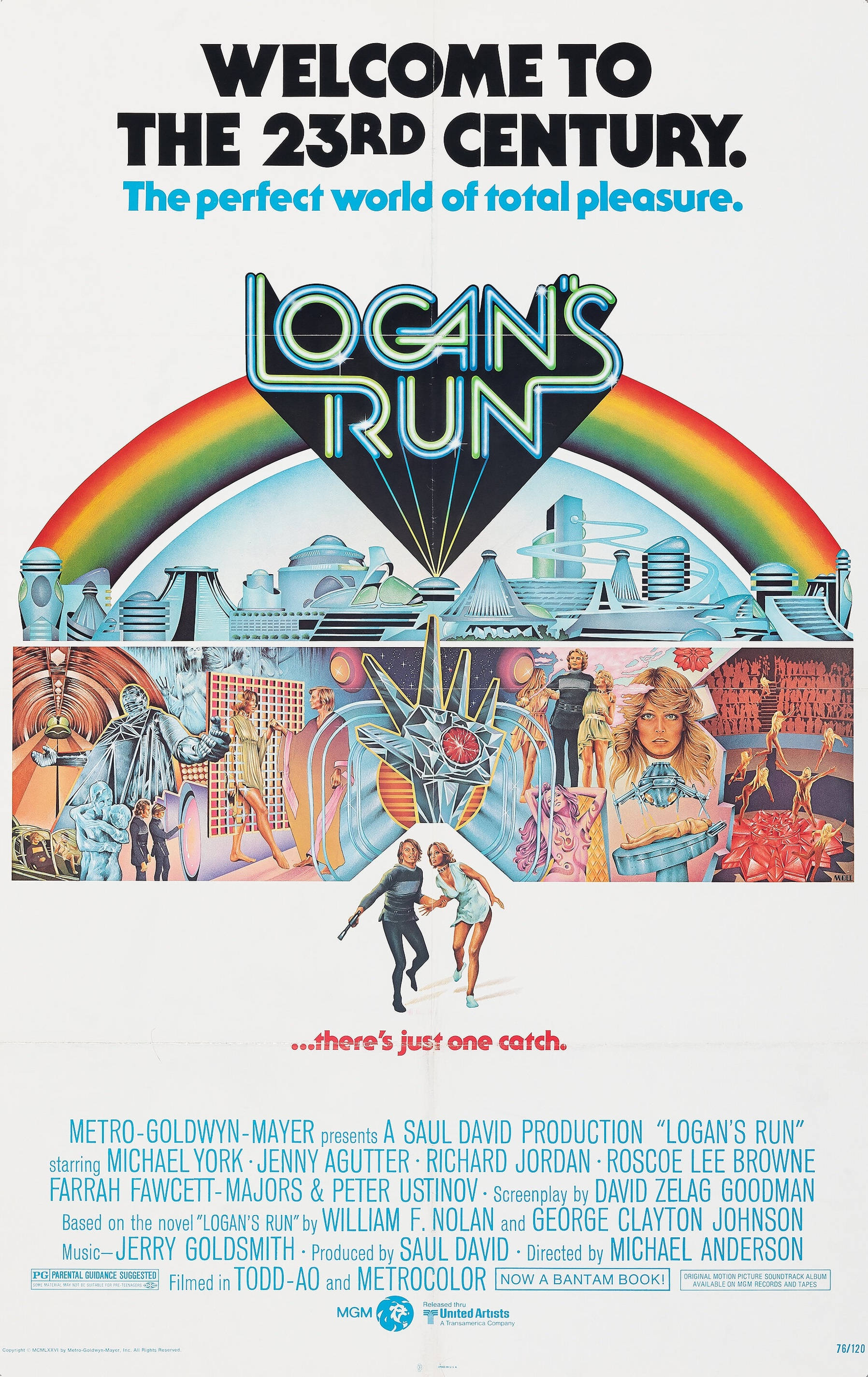 邁克爾·約克《飛躍未來》電影海報 壁紙 — 《Logan's Run》的復古未來主義電影海報，彩虹拱形於霓虹城市景觀之上，人們跳舞並帶有未來元素。