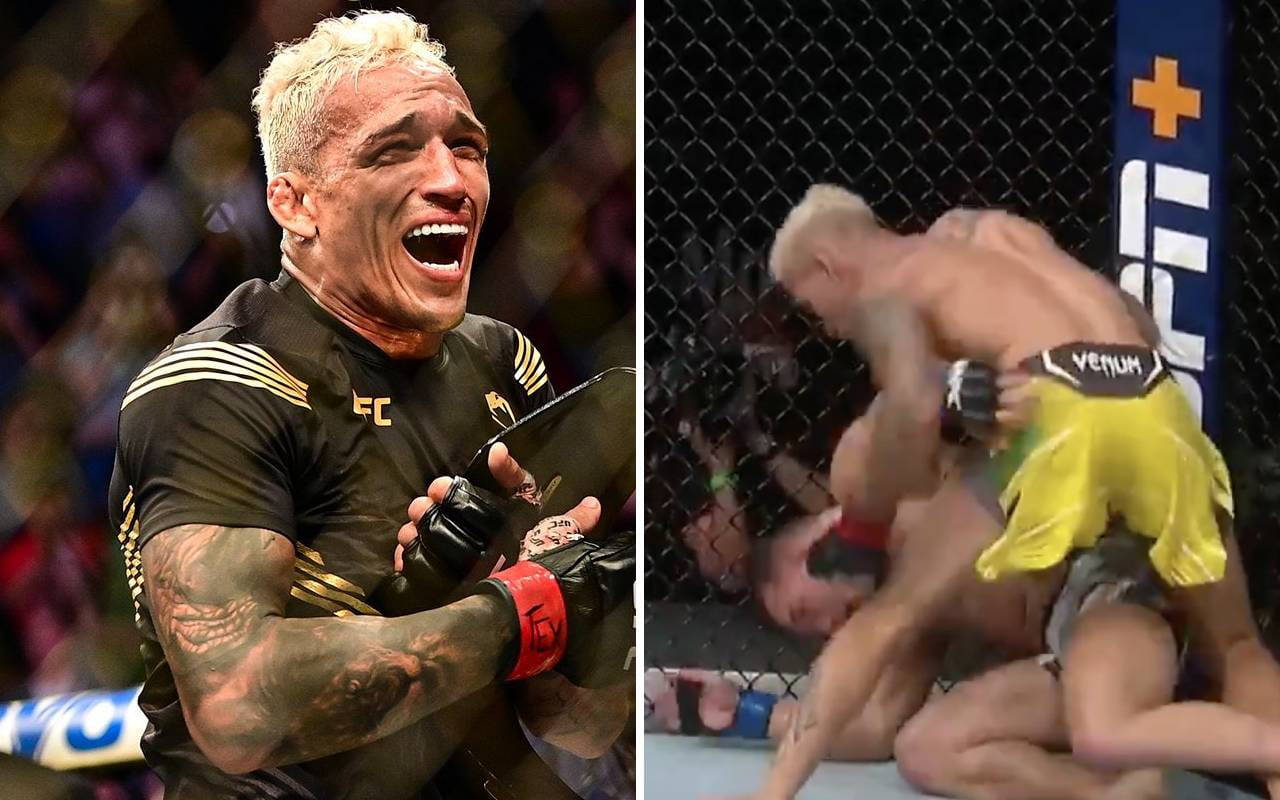 MMA拳手在八角籠中擊倒對手後慶祝勝利