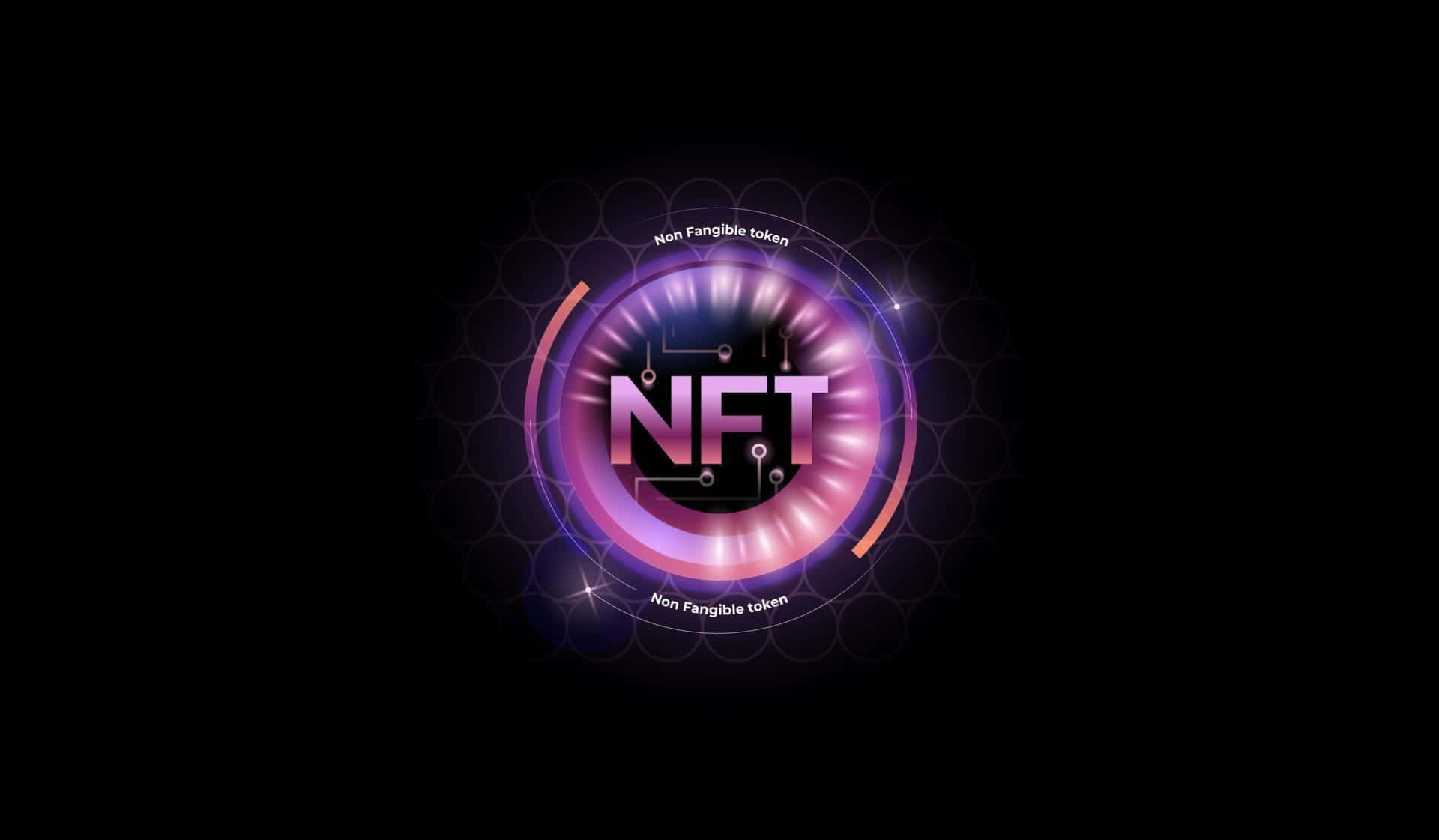 邁入NFT的數位時代 壁紙 — 一個發光的紫色和粉紅色NFT標誌在帶有電路圖案的深色背景上散發能量。