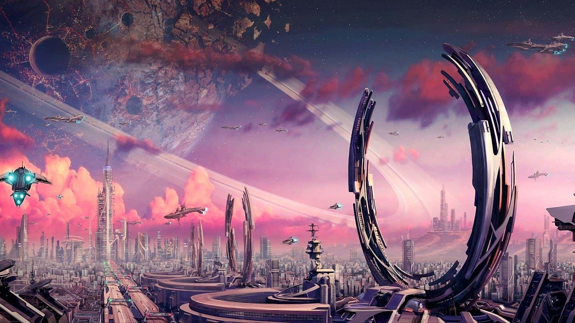 邁入未來 壁紙 — 在粉紅色和紫色的天空下，以宇宙為背景，呈現未來城市景觀，包括飛行船和巨大的環形結構。