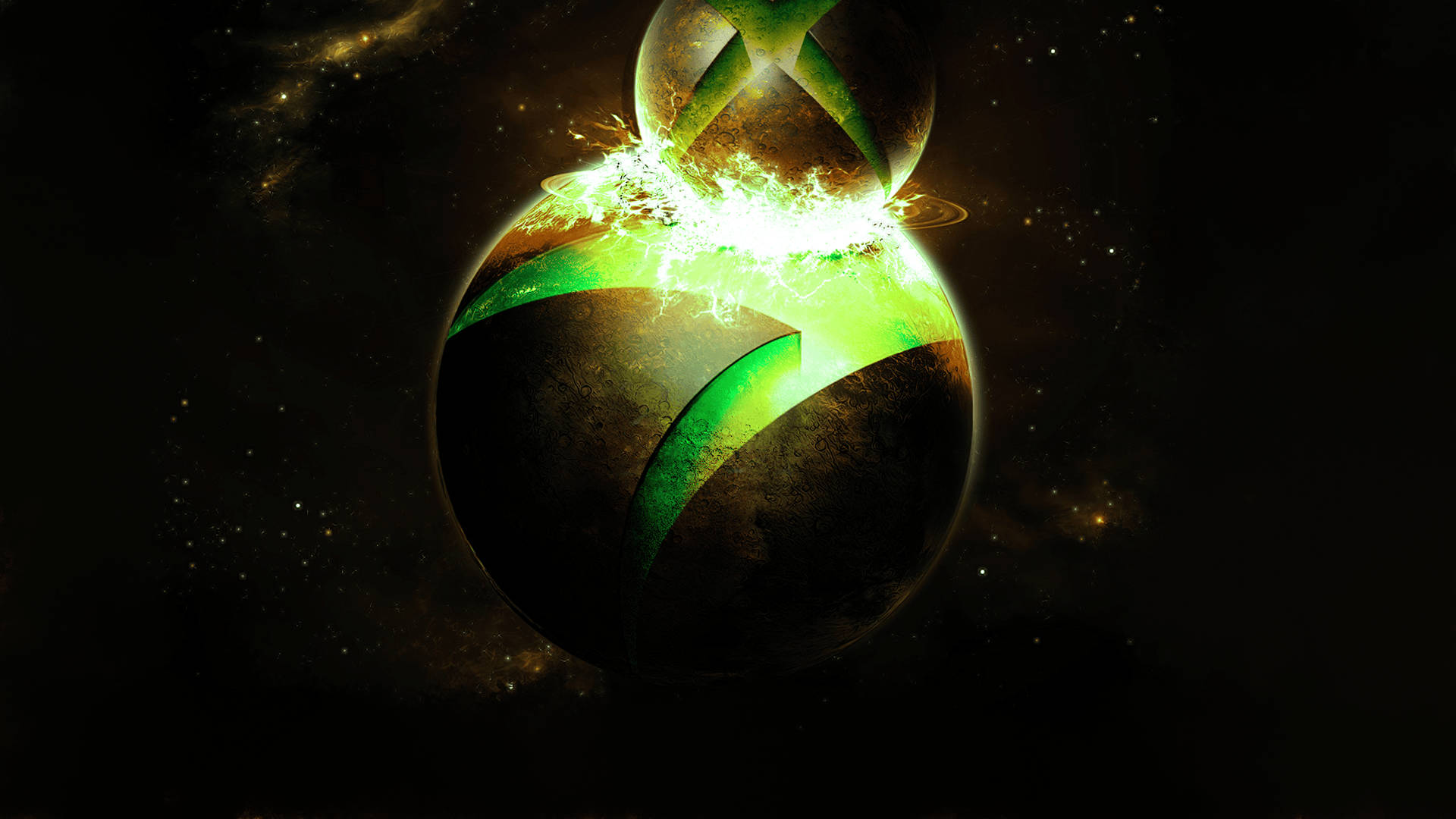 太空中行星上的發光綠色Xbox標誌及電火花。