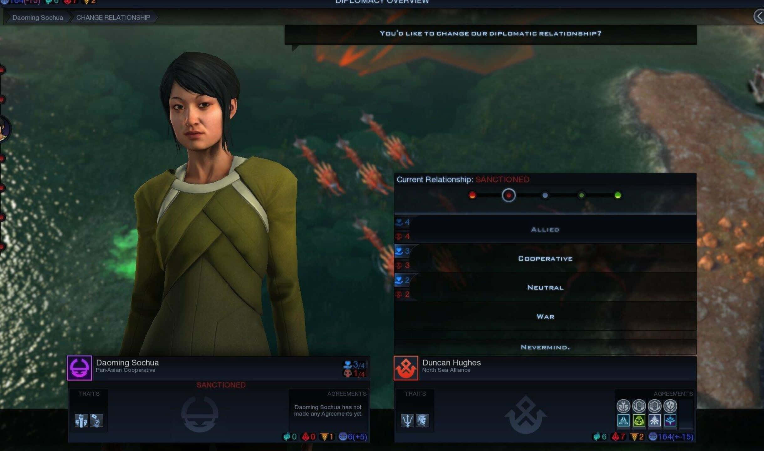 邁向新世界，探索《Civilization Beyond Earth》的無限可能 壁紙 — 一個穿著綠色服裝的女性角色站在遊戲介面中，顯示外交關係選項，背景是宇宙。
